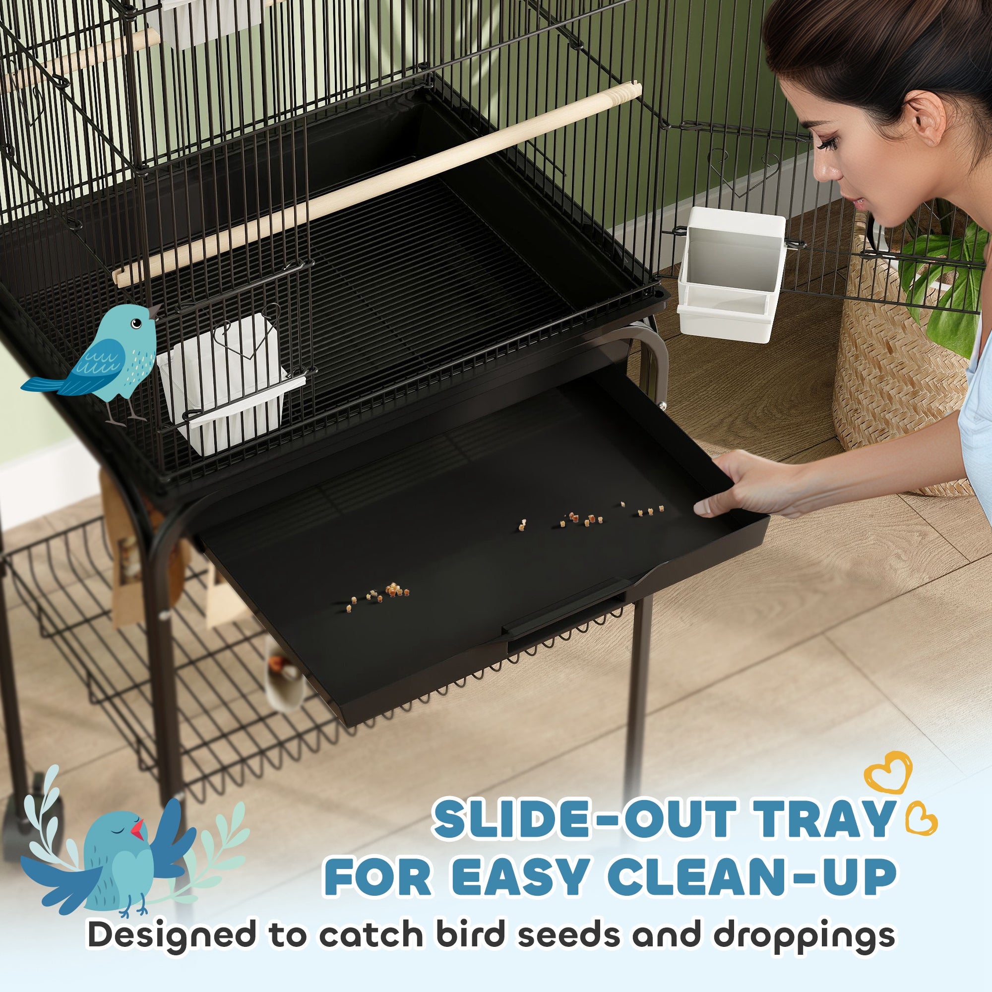 PawHut Bird Cage Budgie Cage with Stand Slide Tray Handle for Finch Canary 43 x 32.5 x 163cm Black