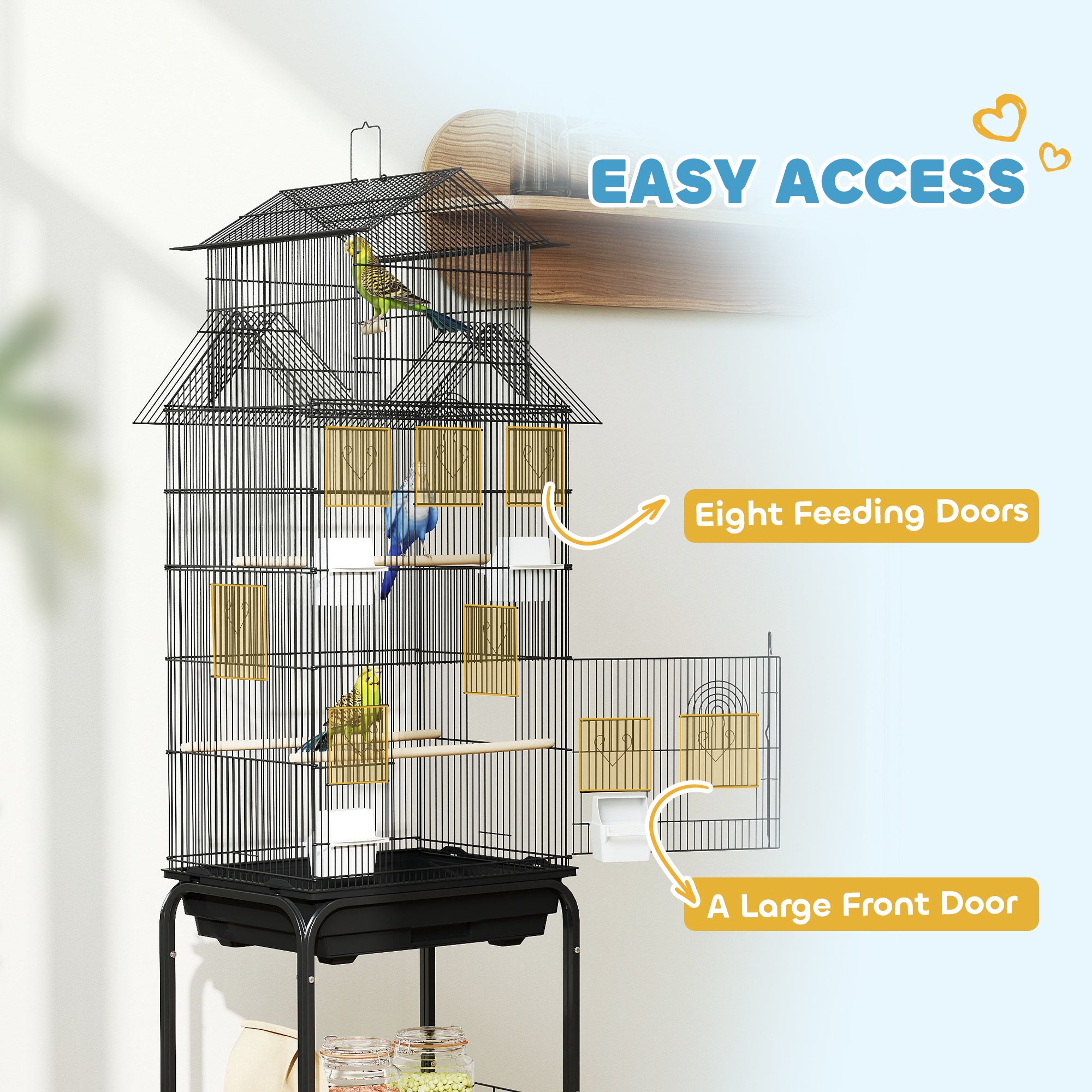PawHut Bird Cage Budgie Cage with Stand Slide Tray Handle for Finch Canary 43 x 32.5 x 163cm Black