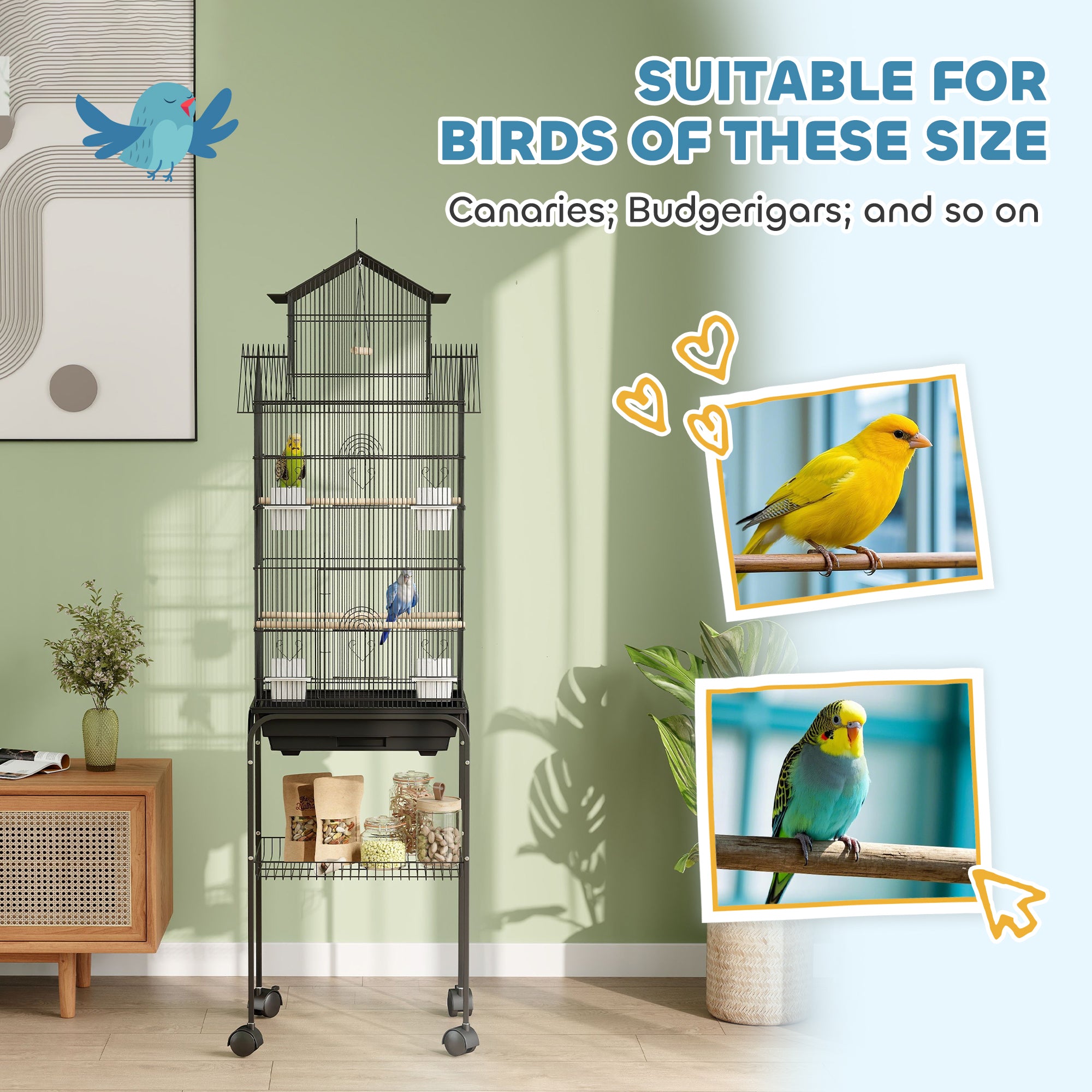 PawHut Bird Cage Budgie Cage with Stand Slide Tray Handle for Finch Canary 43 x 32.5 x 163cm Black