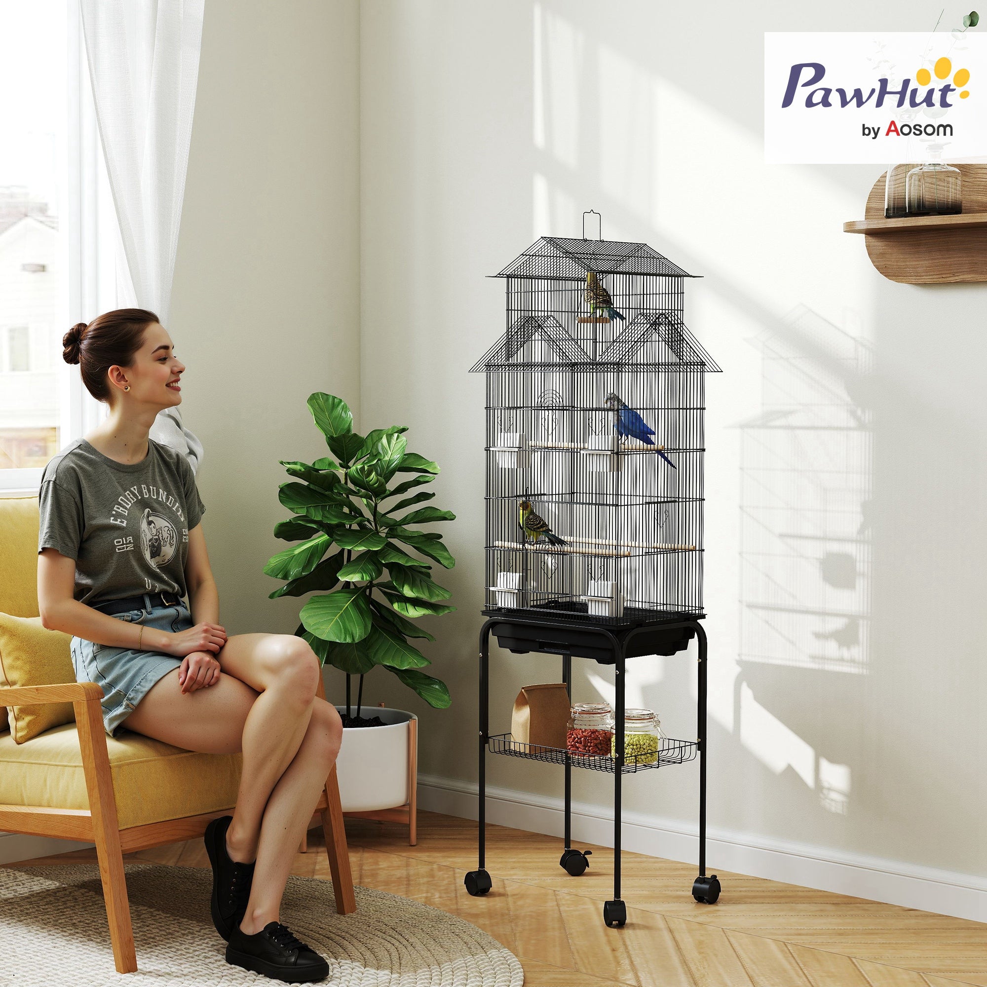 PawHut Bird Cage Budgie Cage with Stand Slide Tray Handle for Finch Canary 43 x 32.5 x 163cm Black