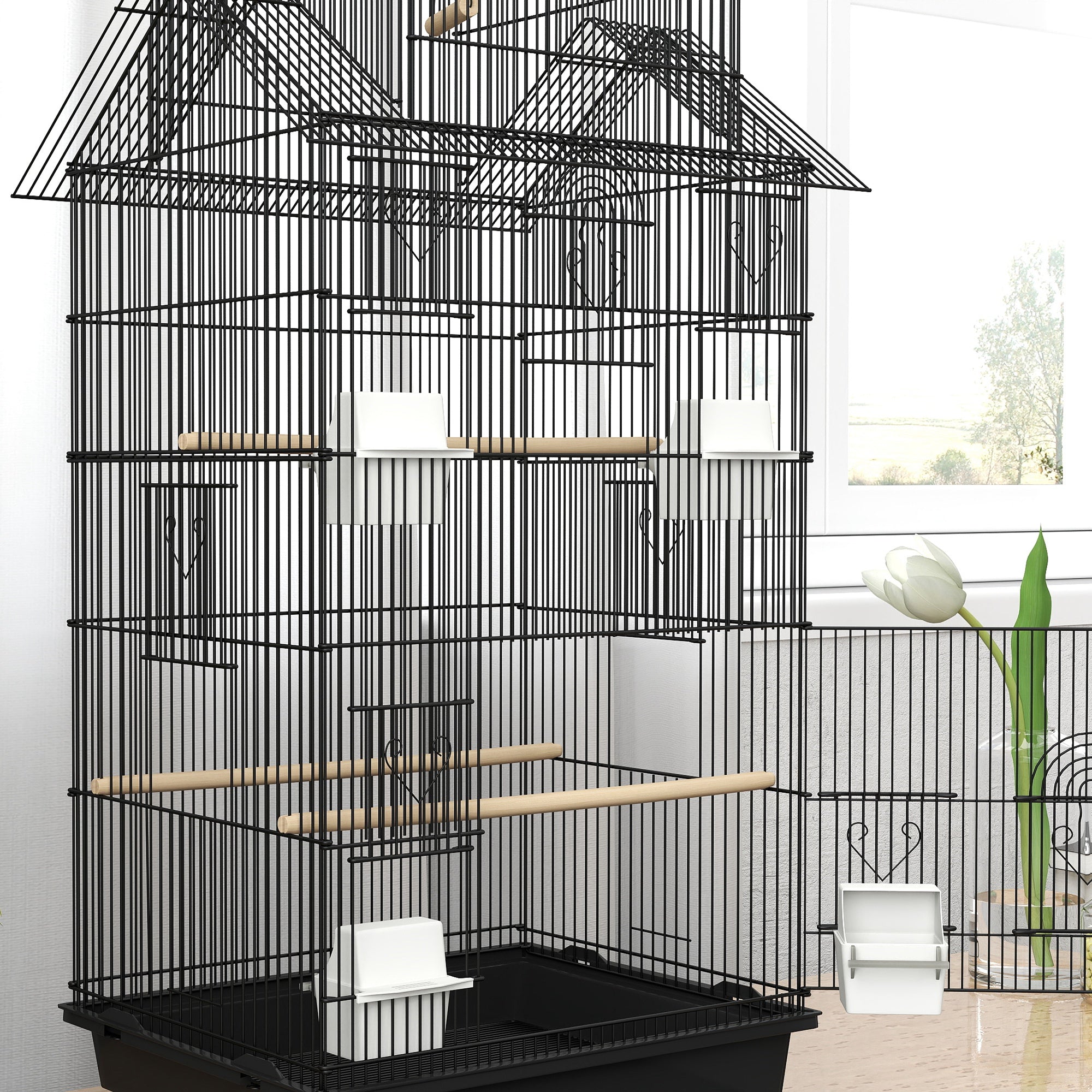 PawHut Bird Cage Budgie Cage with Stand Slide Tray Handle for Finch Canary 43 x 32.5 x 163cm Black