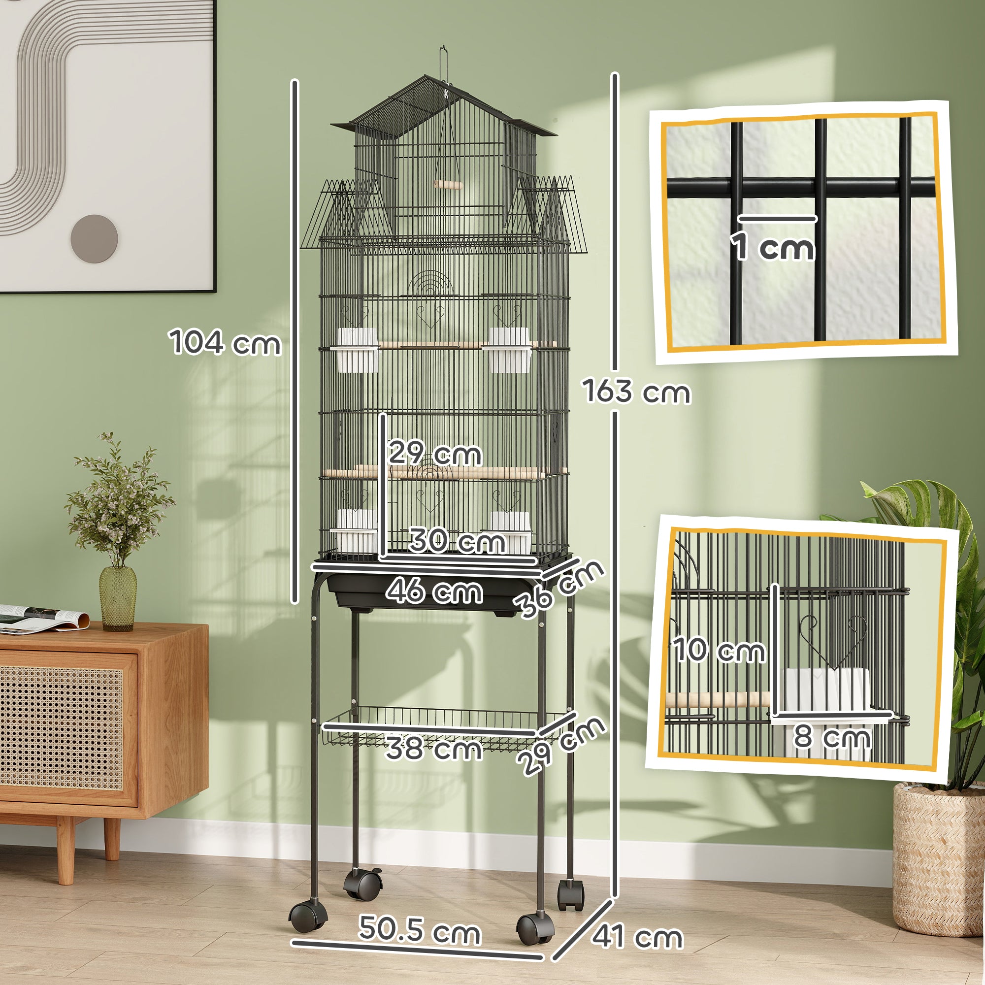 PawHut Bird Cage Budgie Cage with Stand Slide Tray Handle for Finch Canary 43 x 32.5 x 163cm Black