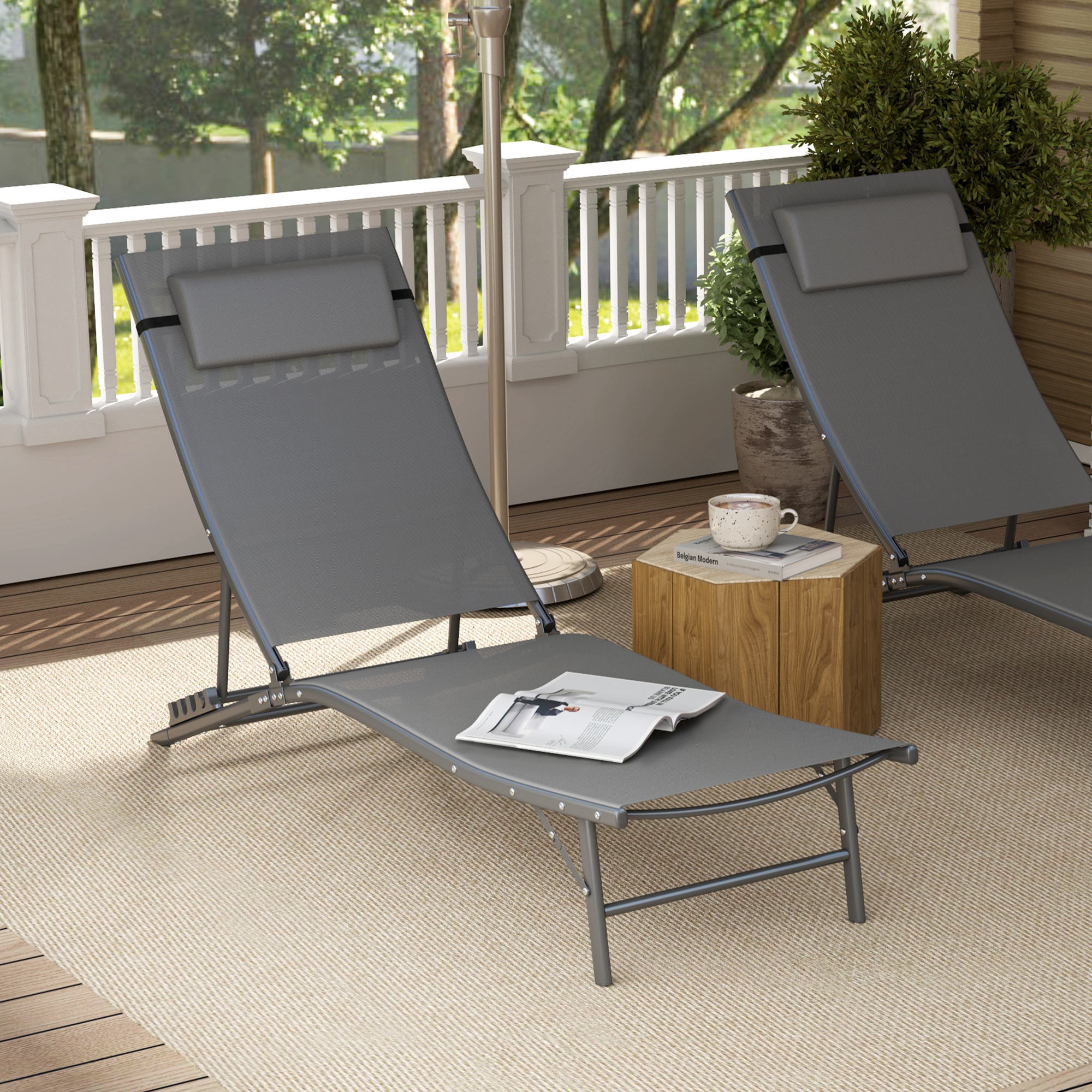 Outsunny Outdoor Lounge Chair Set of 2, Folding Outdoor Chaise Lounge with Adjustable Backrest, Reclining Sun Tanning Chair with Mesh Seat, Headrest for Beach, Poolside, Grey