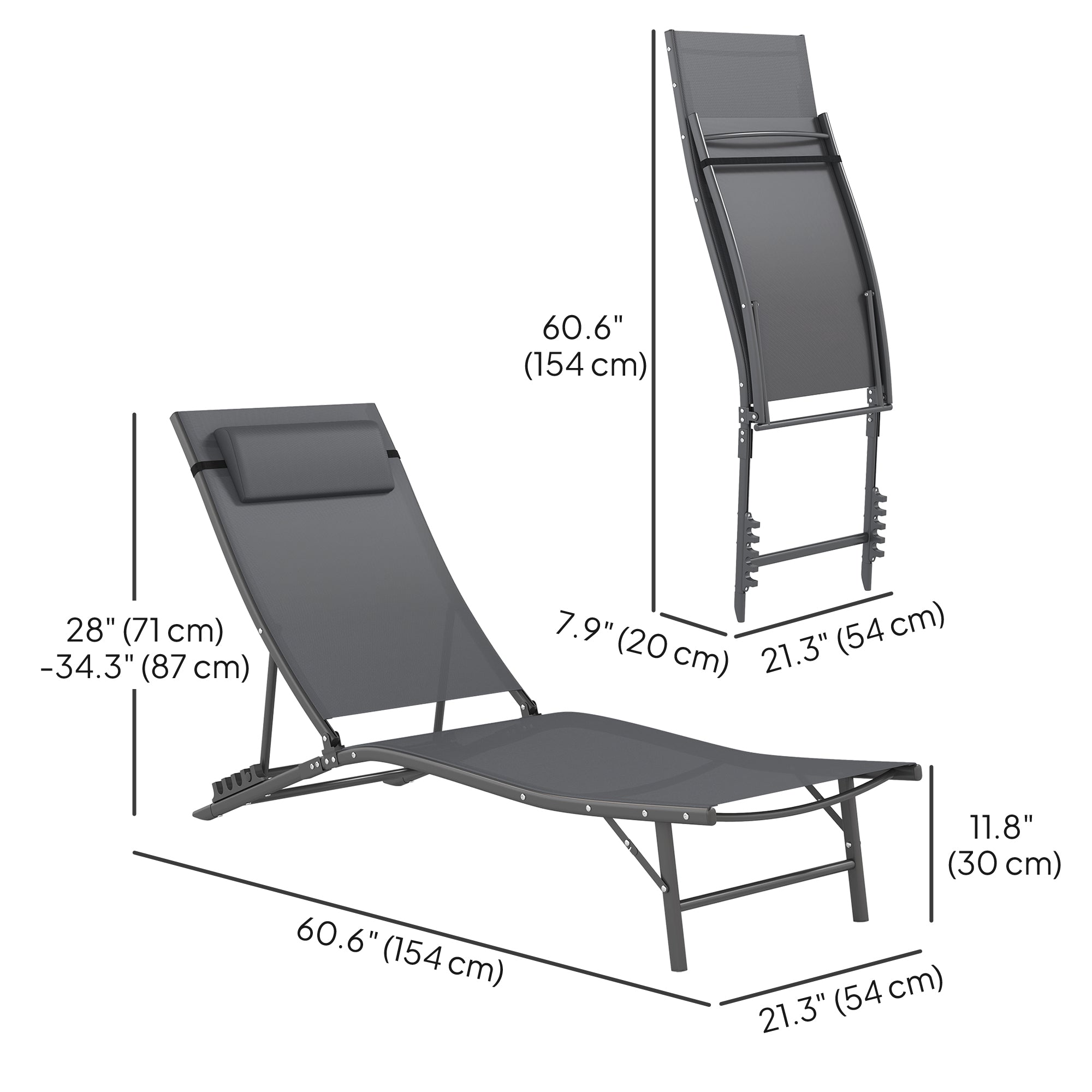 Outsunny Outdoor Lounge Chair Set of 2, Folding Outdoor Chaise Lounge with Adjustable Backrest, Reclining Sun Tanning Chair with Mesh Seat, Headrest for Beach, Poolside, Grey