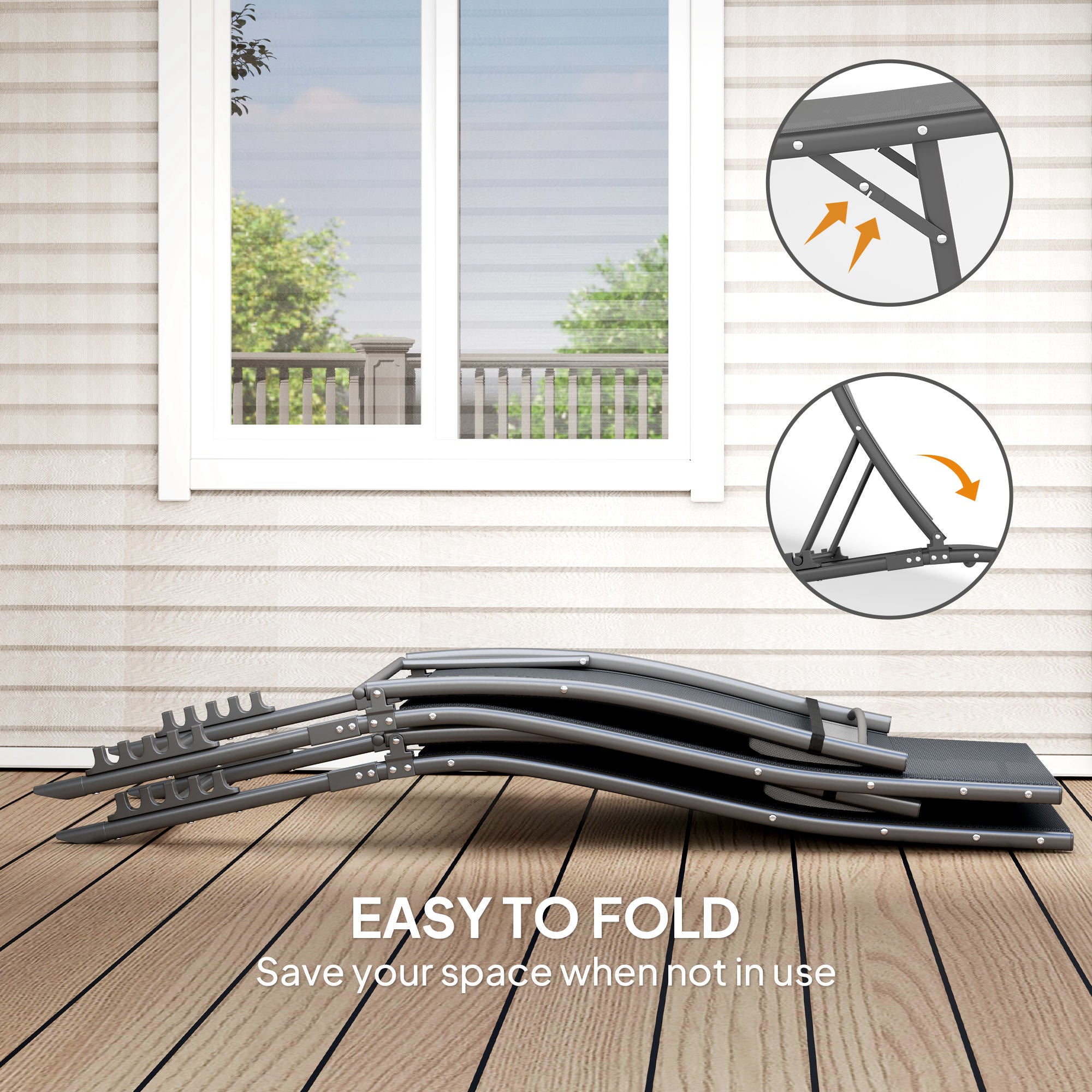 Outsunny Outdoor Lounge Chair Set of 2, Folding Outdoor Chaise Lounge with Adjustable Backrest, Reclining Sun Tanning Chair with Mesh Seat, Headrest for Beach, Poolside, Grey