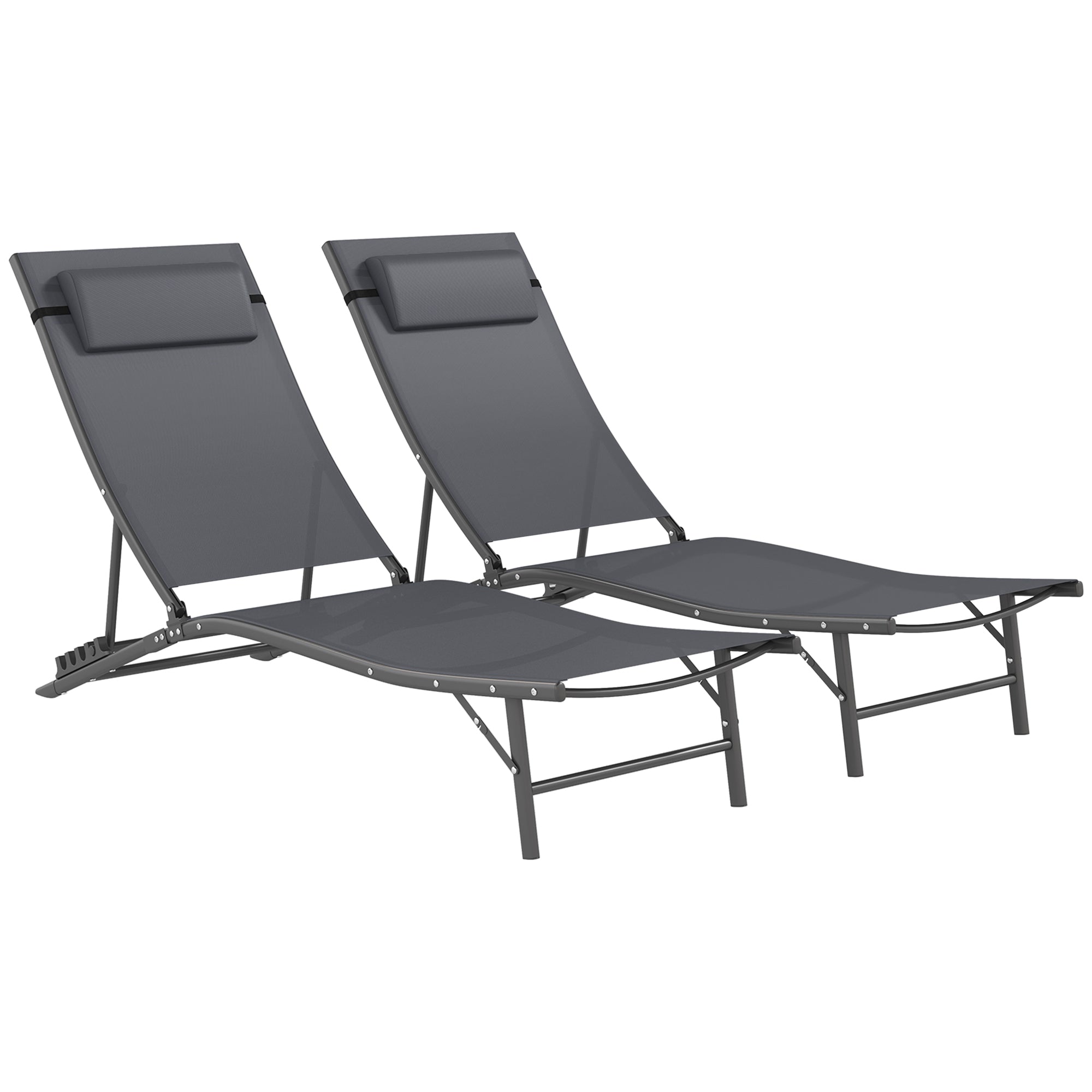 Outsunny Outdoor Lounge Chair Set of 2, Folding Outdoor Chaise Lounge with Adjustable Backrest, Reclining Sun Tanning Chair with Mesh Seat, Headrest for Beach, Poolside, Grey