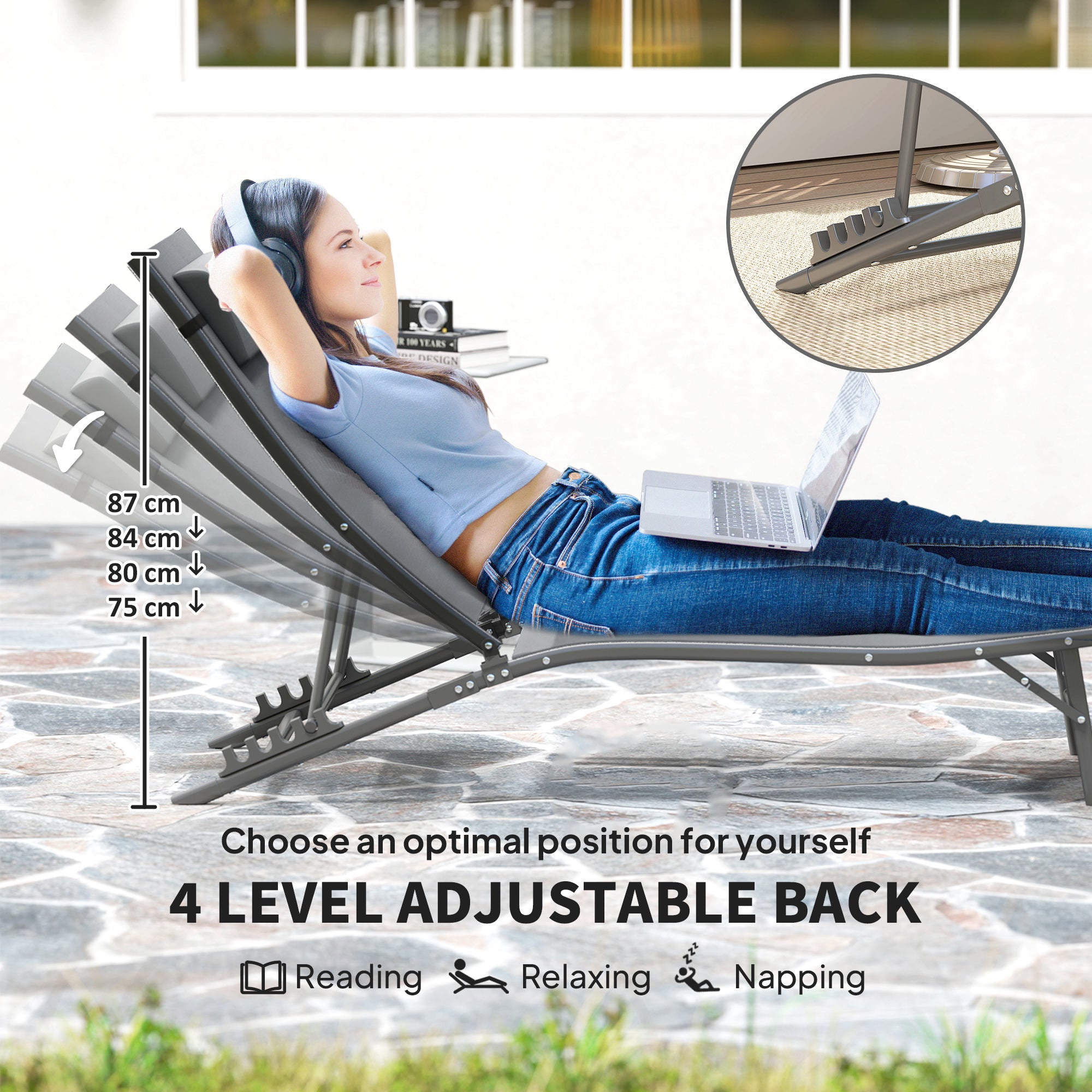 Outsunny Outdoor Lounge Chair Set of 2, Folding Outdoor Chaise Lounge with Adjustable Backrest, Reclining Sun Tanning Chair with Mesh Seat, Headrest for Beach, Poolside, Grey