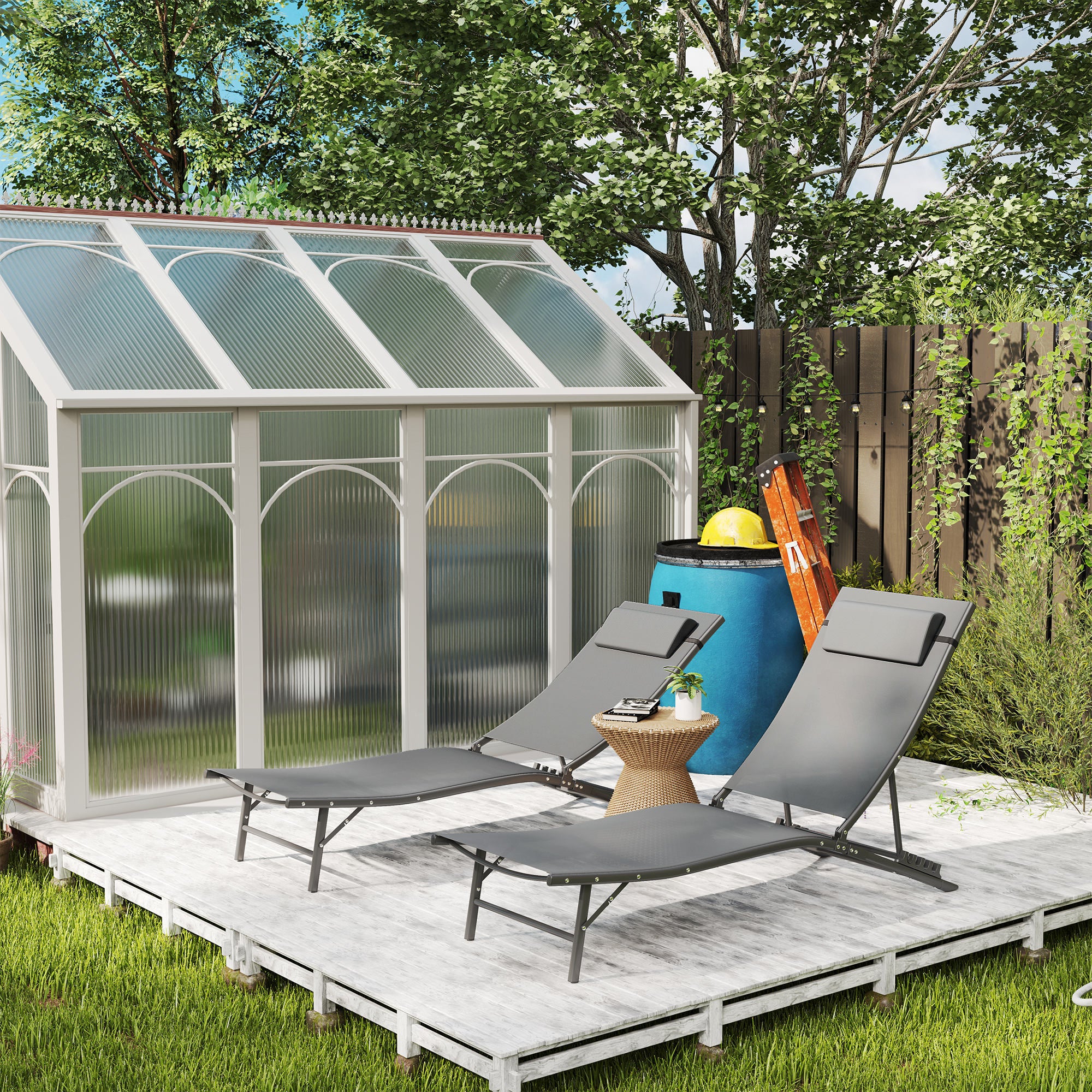 Outsunny Outdoor Lounge Chair Set of 2, Folding Outdoor Chaise Lounge with Adjustable Backrest, Reclining Sun Tanning Chair with Mesh Seat, Headrest for Beach, Poolside, Grey