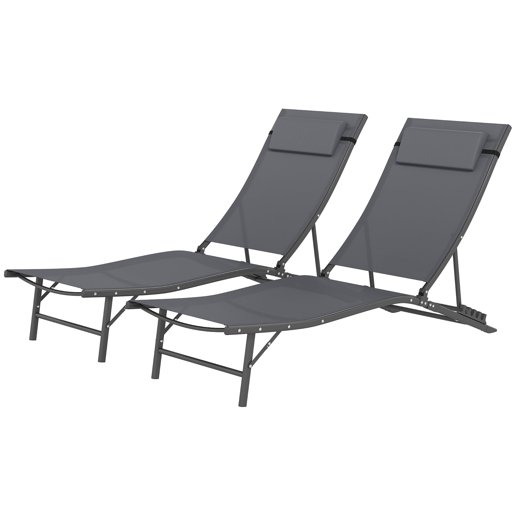 Outsunny Outdoor Lounge Chair Set of 2, Folding Outdoor Chaise Lounge with Adjustable Backrest, Reclining Sun Tanning Chair with Mesh Seat, Headrest for Beach, Poolside, Grey