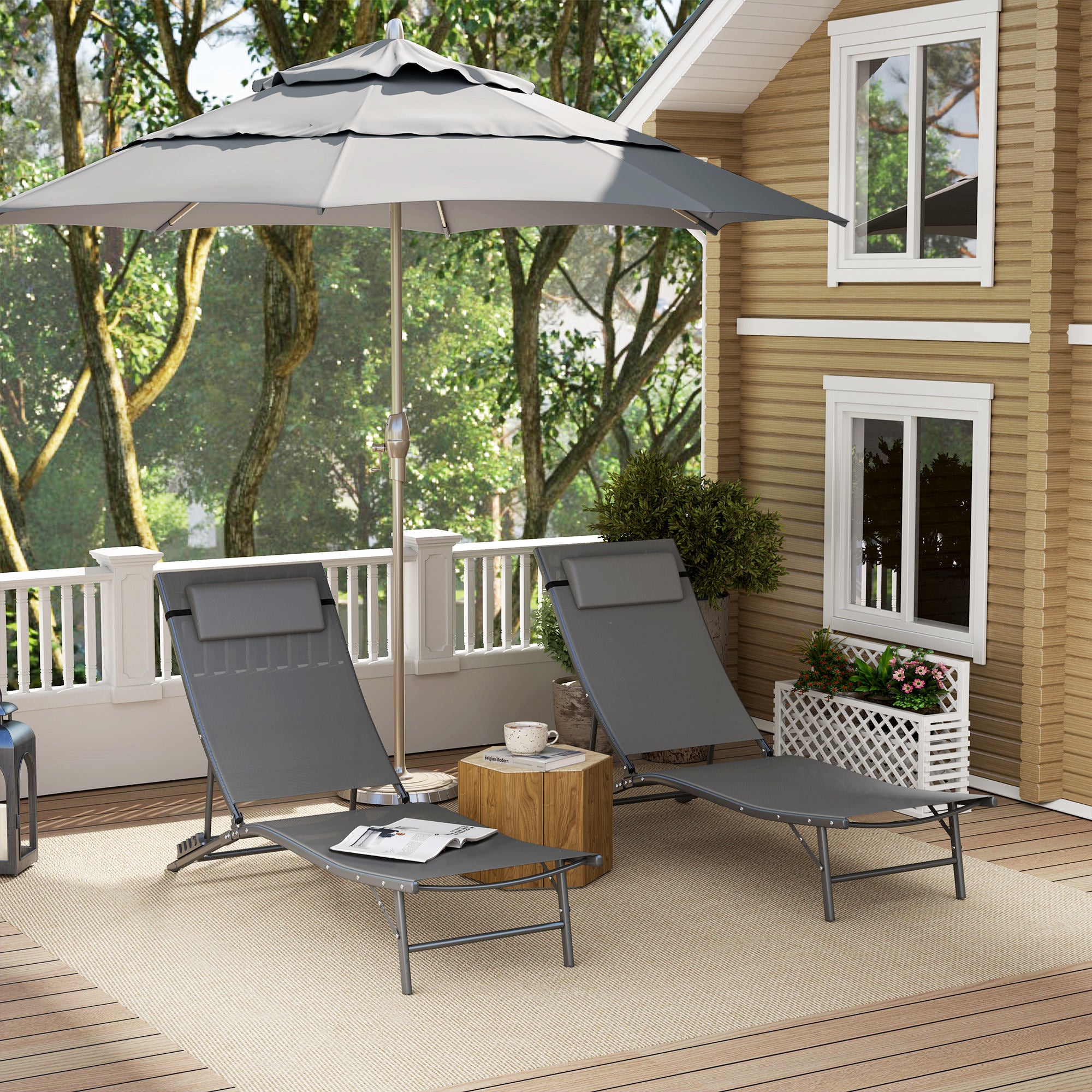 Outsunny Outdoor Lounge Chair Set of 2, Folding Outdoor Chaise Lounge with Adjustable Backrest, Reclining Sun Tanning Chair with Mesh Seat, Headrest for Beach, Poolside, Grey