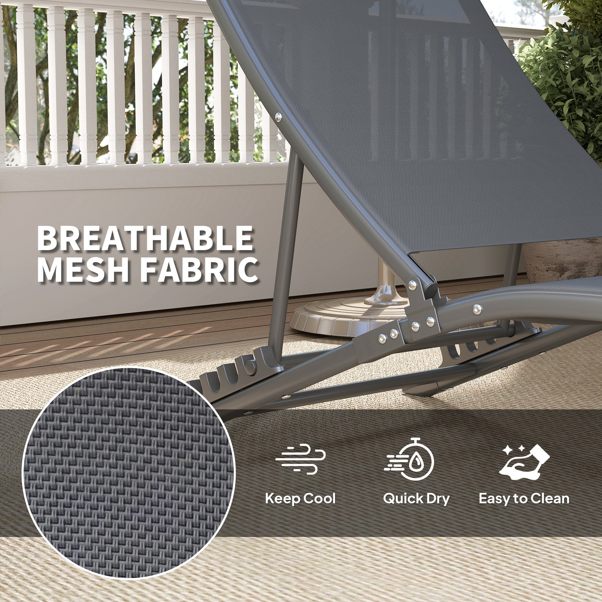 Outsunny Outdoor Lounge Chair Set of 2, Folding Outdoor Chaise Lounge with Adjustable Backrest, Reclining Sun Tanning Chair with Mesh Seat, Headrest for Beach, Poolside, Grey