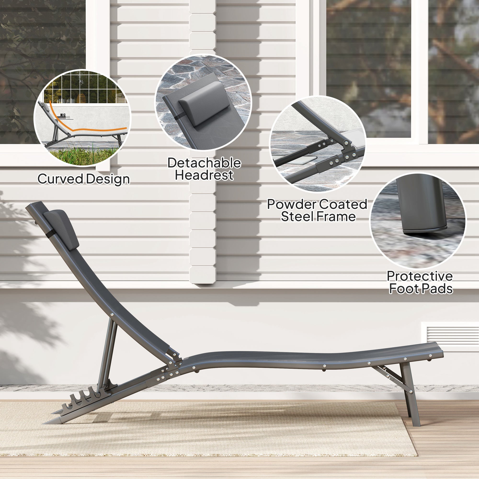 Outsunny Outdoor Lounge Chair Set of 2, Folding Outdoor Chaise Lounge with Adjustable Backrest, Reclining Sun Tanning Chair with Mesh Seat, Headrest for Beach, Poolside, Grey