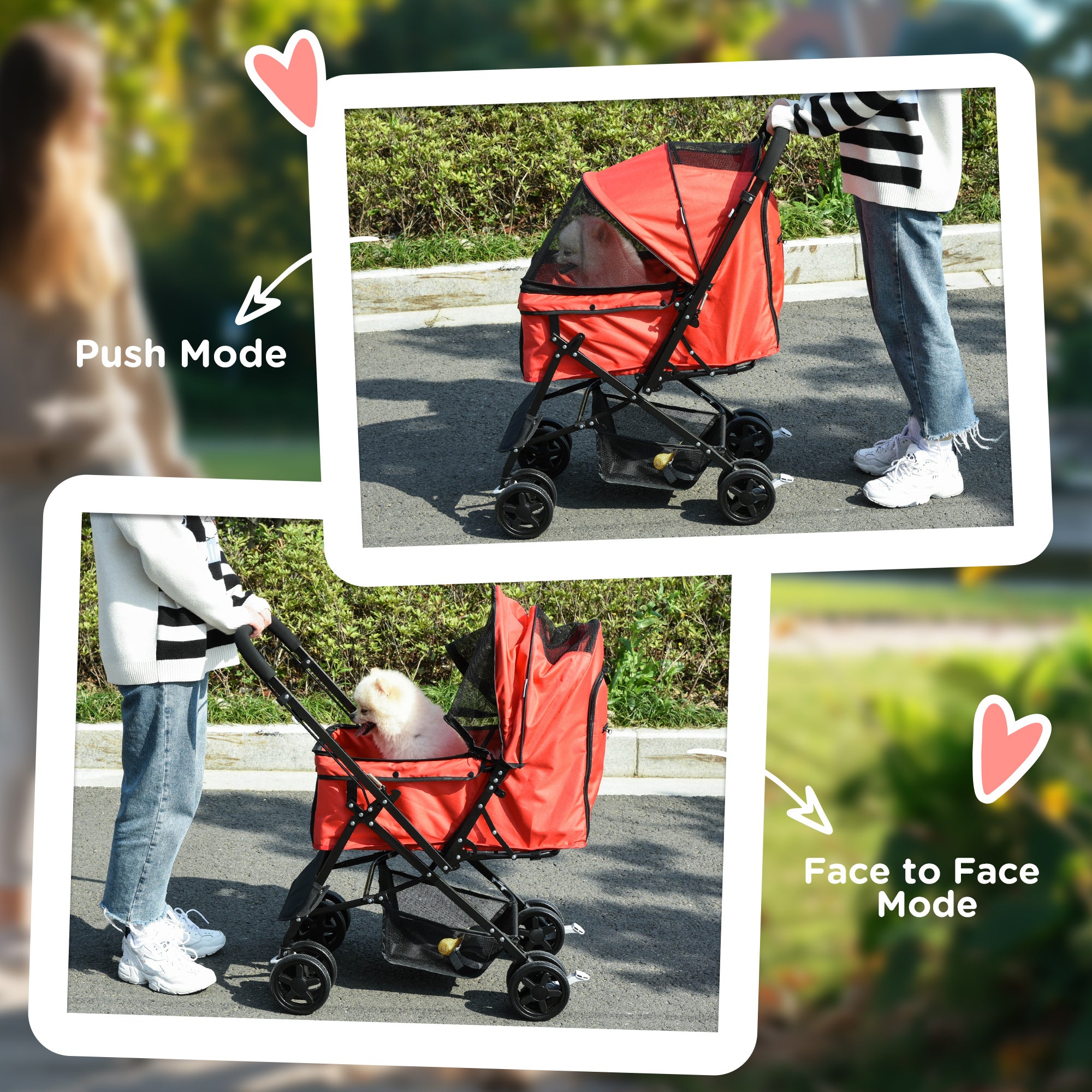 PawHut Dog Stroller, Pet Stroller, Foldable Dog Cat Travel Pushchair with Reversible Handle, EVA Wheels, Brake, Basket, Adjustable Canopy, Safety Leash, for Small Dogs, Red