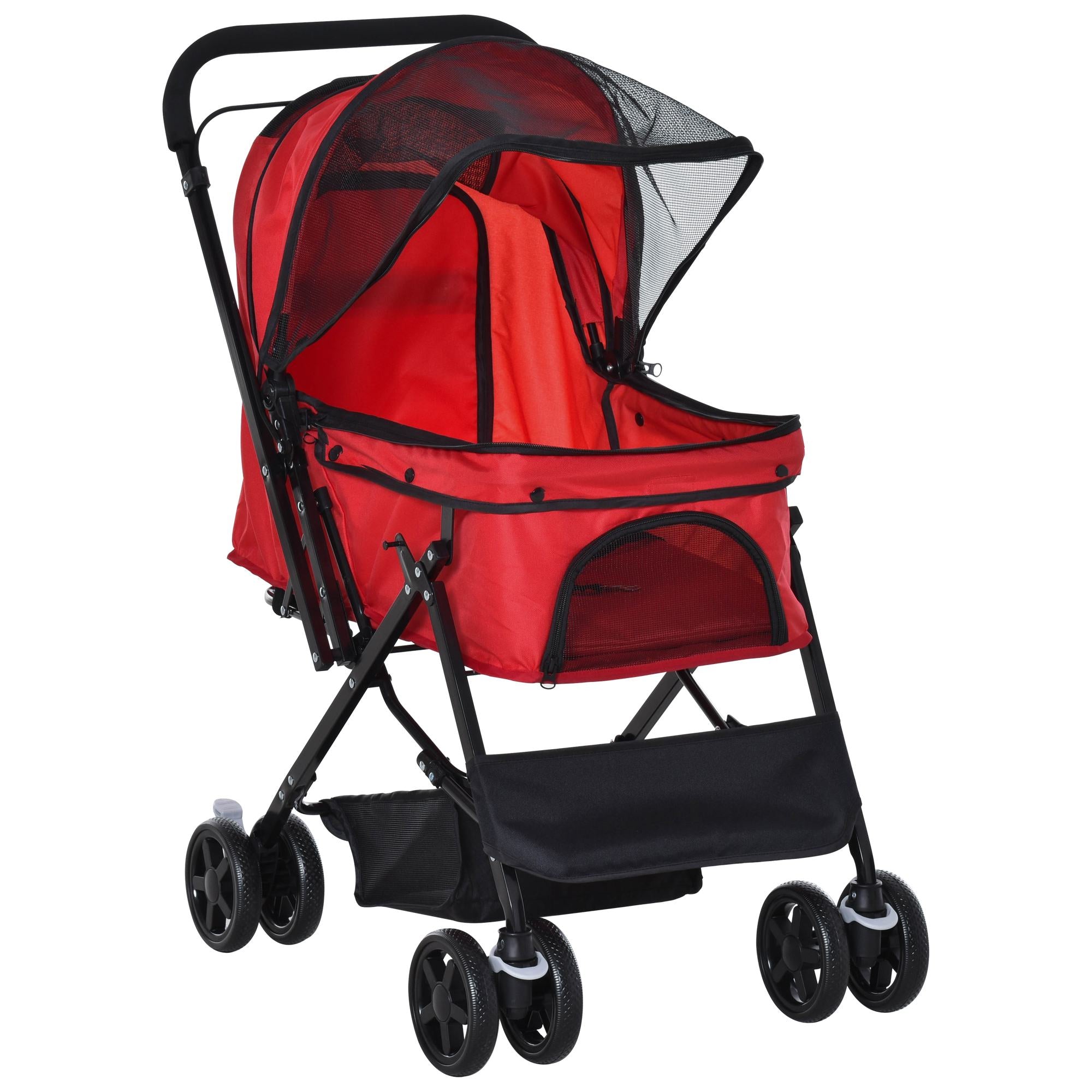 PawHut Dog Stroller, Pet Stroller, Foldable Dog Cat Travel Pushchair with Reversible Handle, EVA Wheels, Brake, Basket, Adjustable Canopy, Safety Leash, for Small Dogs, Red