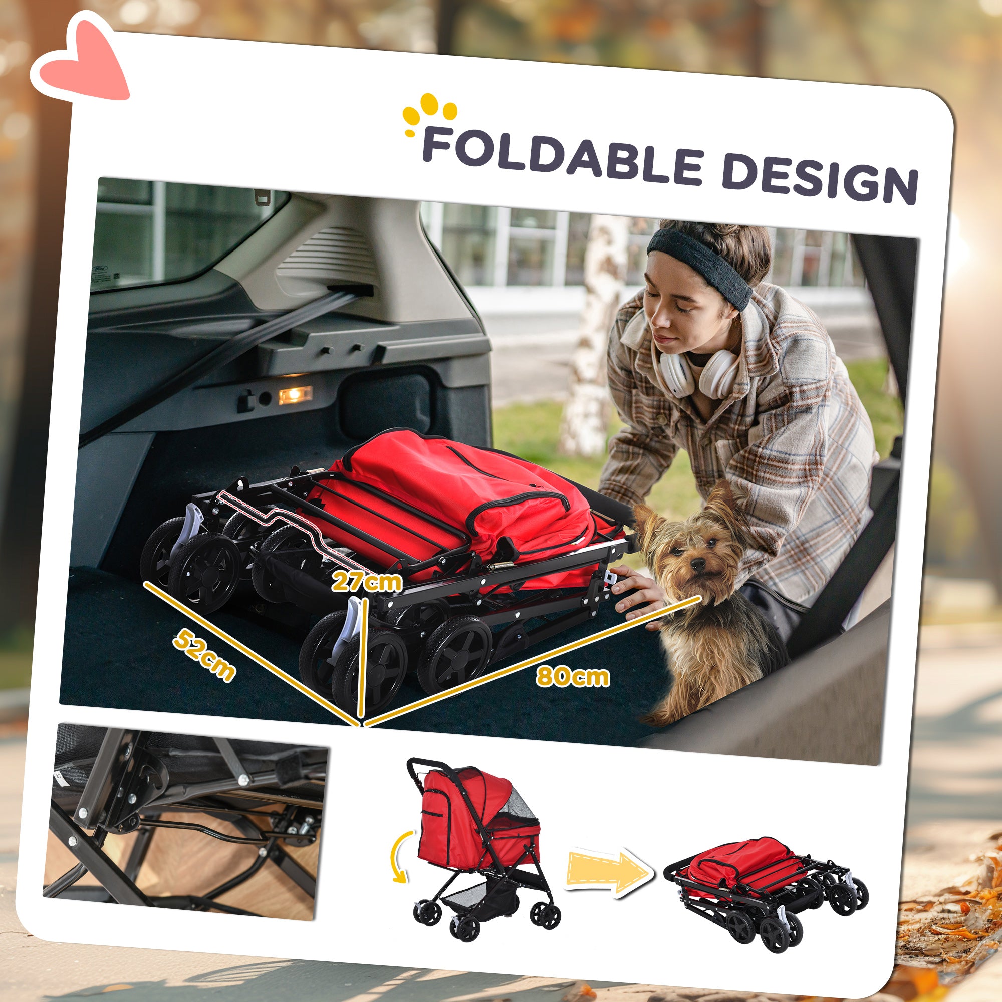 PawHut Dog Stroller, Pet Stroller, Foldable Dog Cat Travel Pushchair with Reversible Handle, EVA Wheels, Brake, Basket, Adjustable Canopy, Safety Leash, for Small Dogs, Red