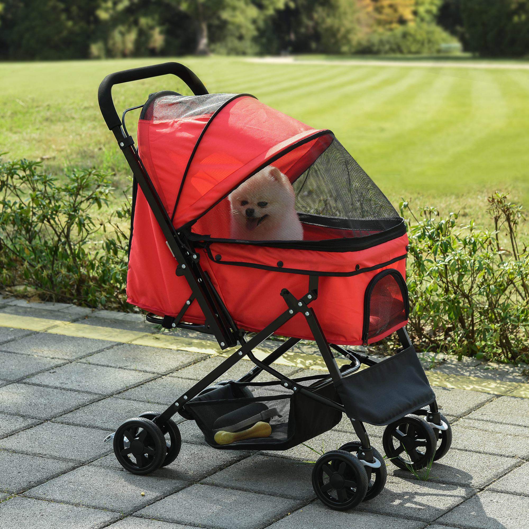 PawHut Dog Stroller, Pet Stroller, Foldable Dog Cat Travel Pushchair with Reversible Handle, EVA Wheels, Brake, Basket, Adjustable Canopy, Safety Leash, for Small Dogs, Red