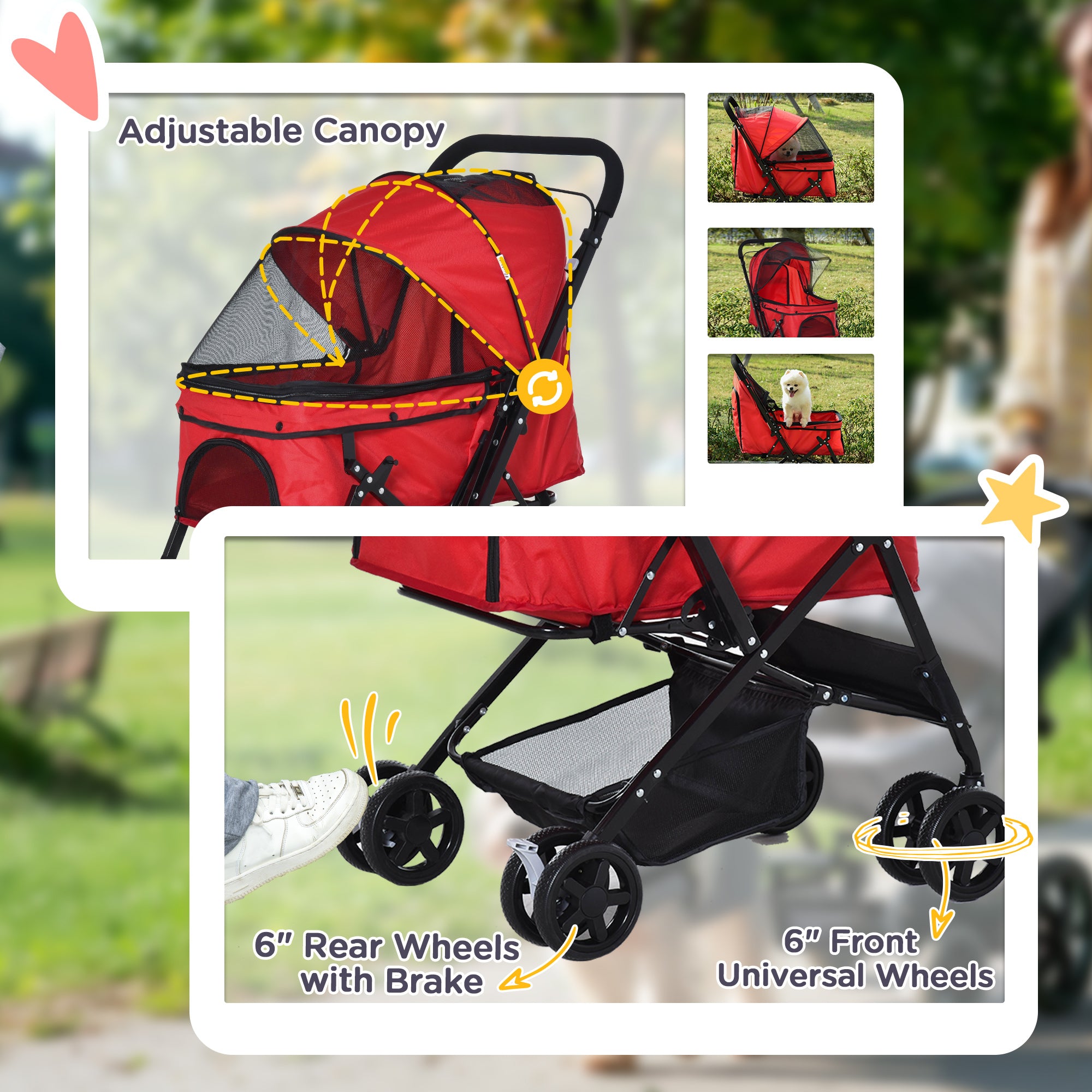 PawHut Dog Stroller, Pet Stroller, Foldable Dog Cat Travel Pushchair with Reversible Handle, EVA Wheels, Brake, Basket, Adjustable Canopy, Safety Leash, for Small Dogs, Red