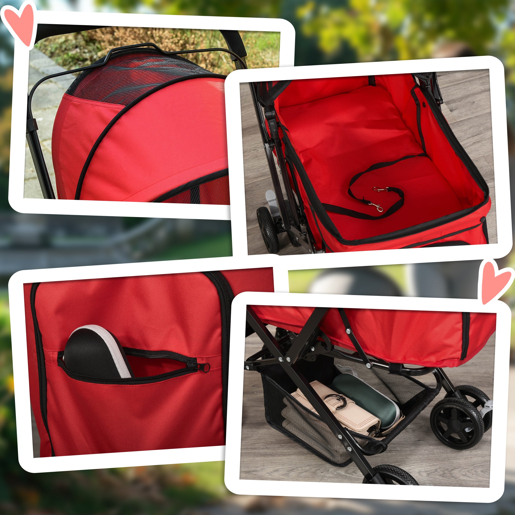 PawHut Dog Stroller, Pet Stroller, Foldable Dog Cat Travel Pushchair with Reversible Handle, EVA Wheels, Brake, Basket, Adjustable Canopy, Safety Leash, for Small Dogs, Red