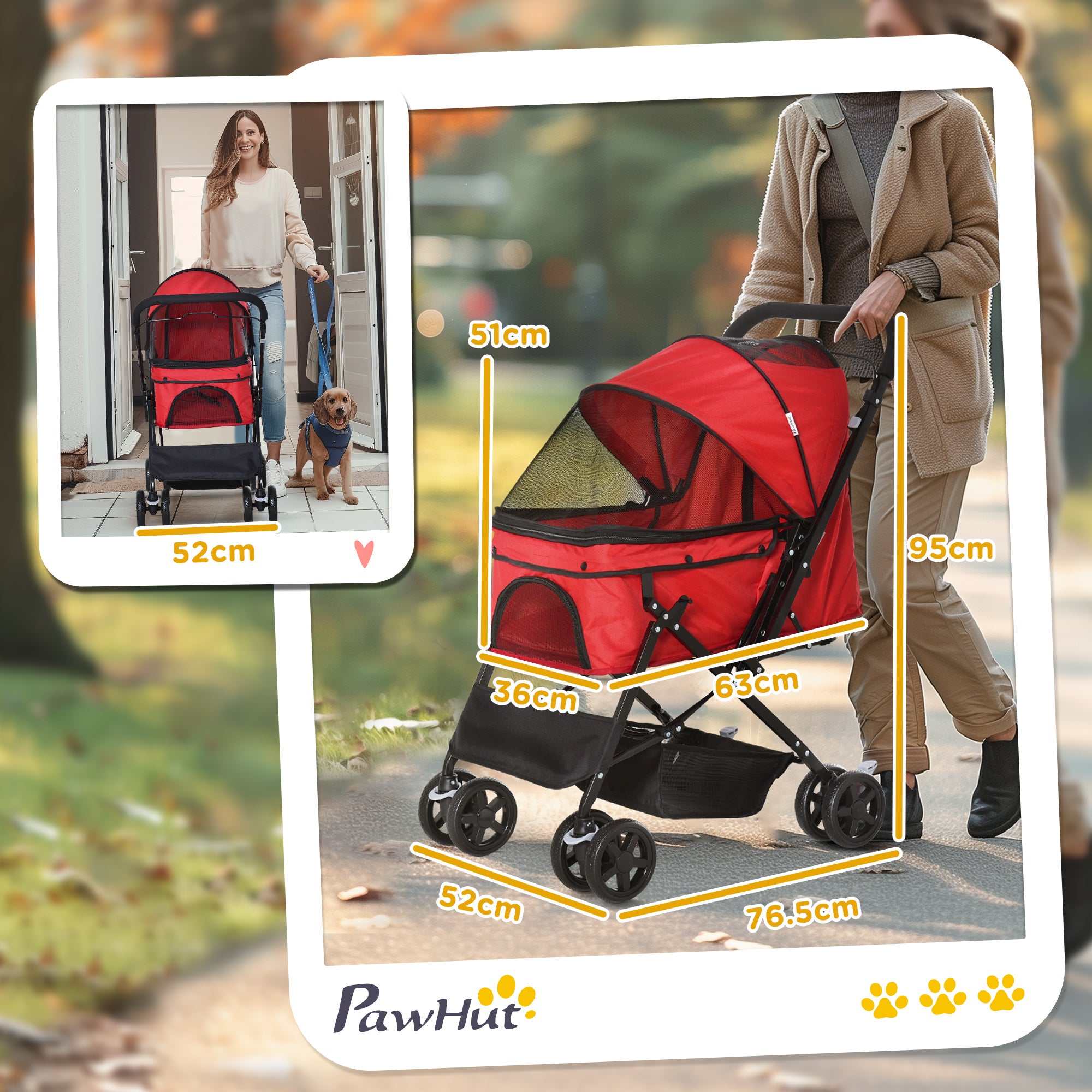 PawHut Dog Stroller, Pet Stroller, Foldable Dog Cat Travel Pushchair with Reversible Handle, EVA Wheels, Brake, Basket, Adjustable Canopy, Safety Leash, for Small Dogs, Red