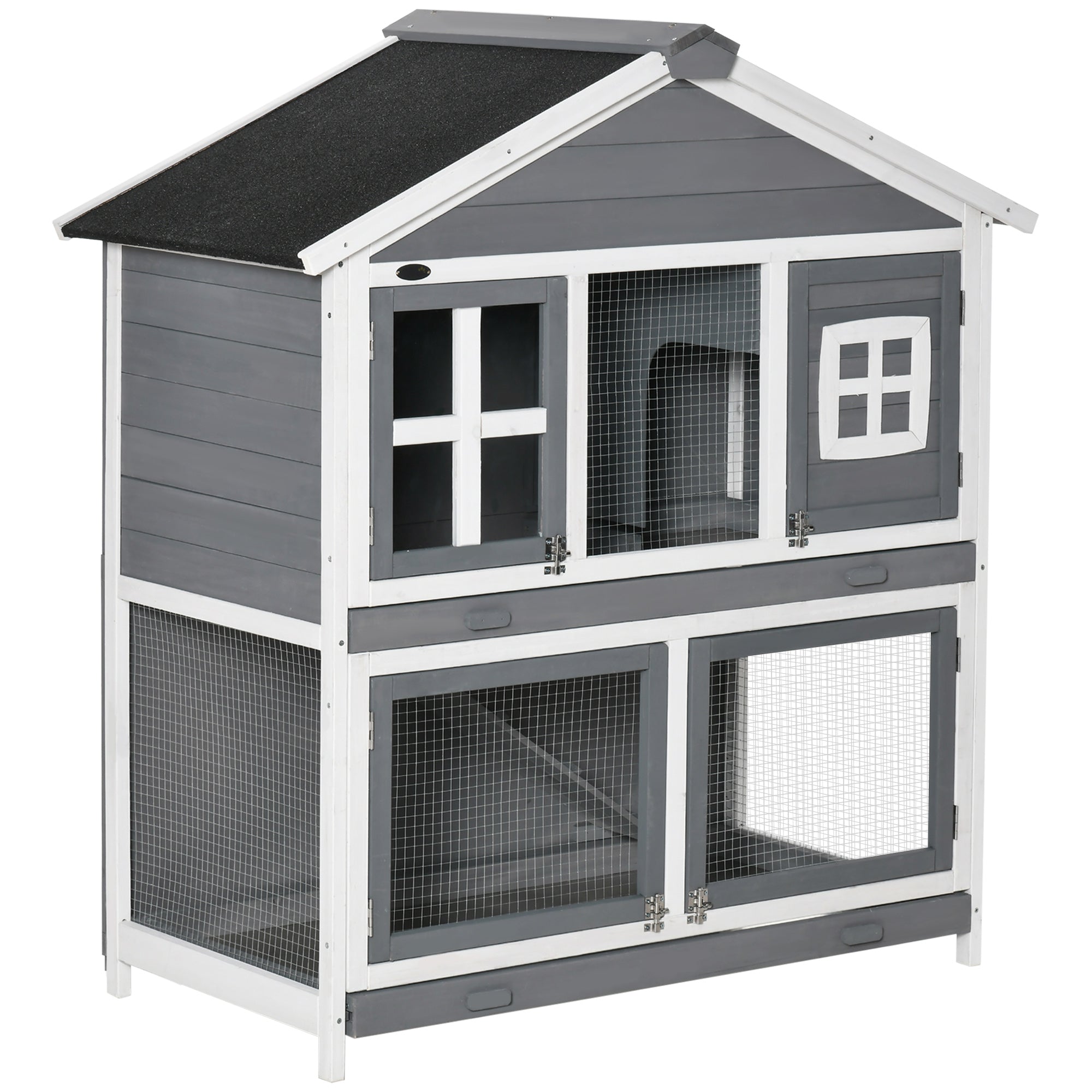 PawHut 49" Wooden Rabbit Hutch 2 Tier Bunny House Pet Playpen Enclosure for Indoor Outdoor with Slide-out Tray, Ramp, for Rabbits and Small Animals, Grey