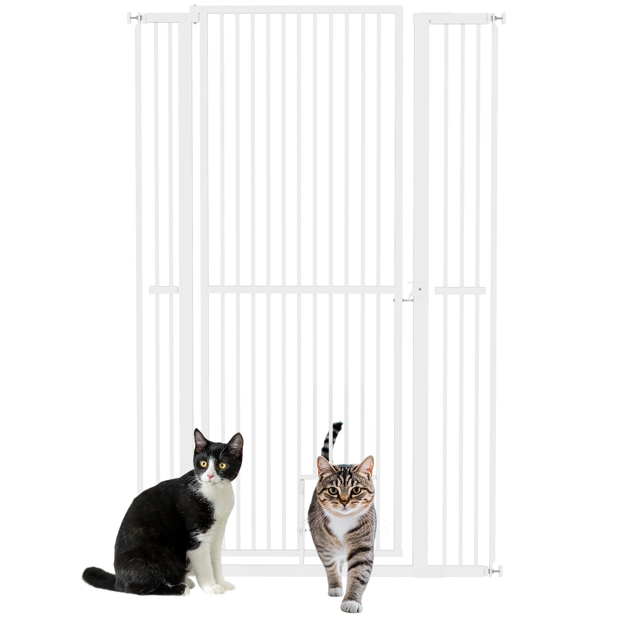 PawHut 59" Extra Tall Pet Gate for Cats, 30"-41" Cat Gate with Small Cat Door, 1.4" Narrow Gap, 2.8" and 5.5" Extension, Pressure Mounted No Drilling Dog Gate for Doorway, Hallway, Stairway, White