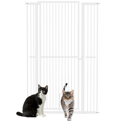 PawHut 59" Extra Tall Pet Gate for Cats, 30"-41" Cat Gate with Small Cat Door, 1.4" Narrow Gap, 2.8" and 5.5" Extension, Pressure Mounted No Drilling Dog Gate for Doorway, Hallway, Stairway, White