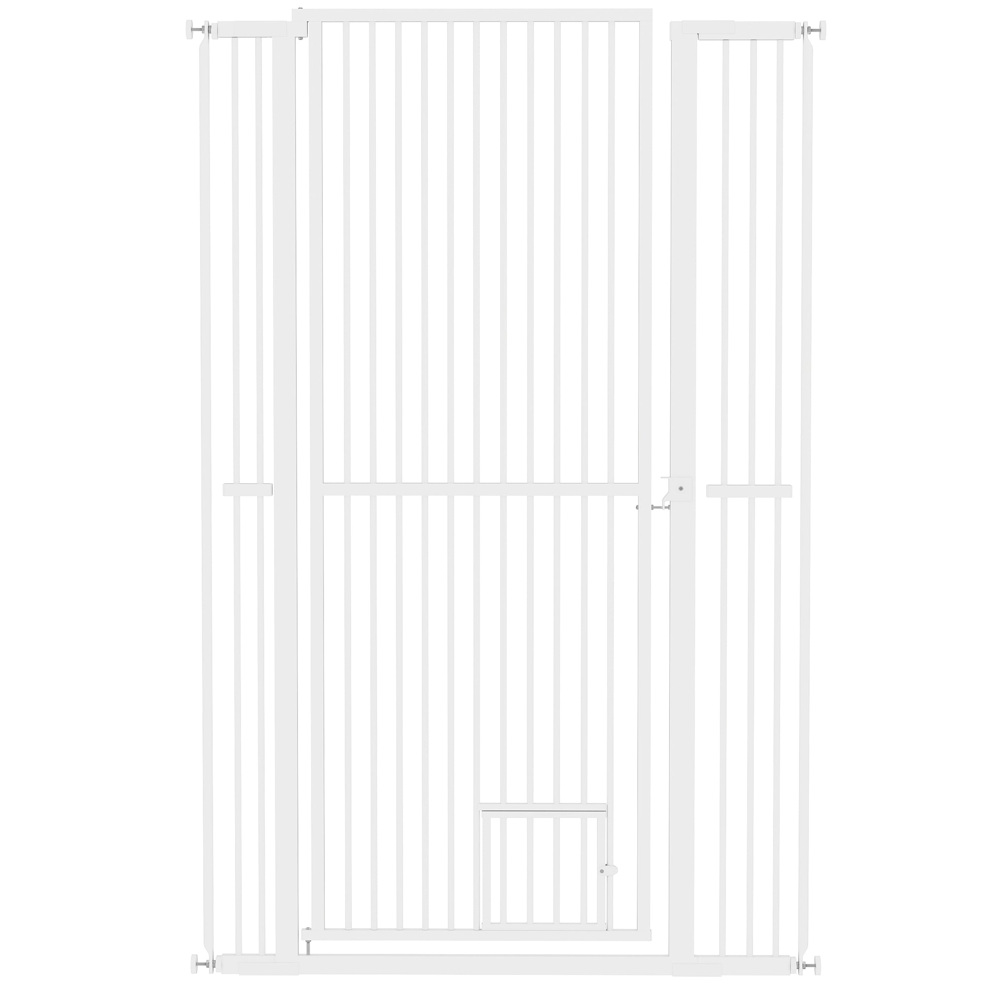 PawHut 59" Extra Tall Pet Gate for Cats, 30"-41" Cat Gate with Small Cat Door, 1.4" Narrow Gap, 2.8" and 5.5" Extension, Pressure Mounted No Drilling Dog Gate for Doorway, Hallway, Stairway, White