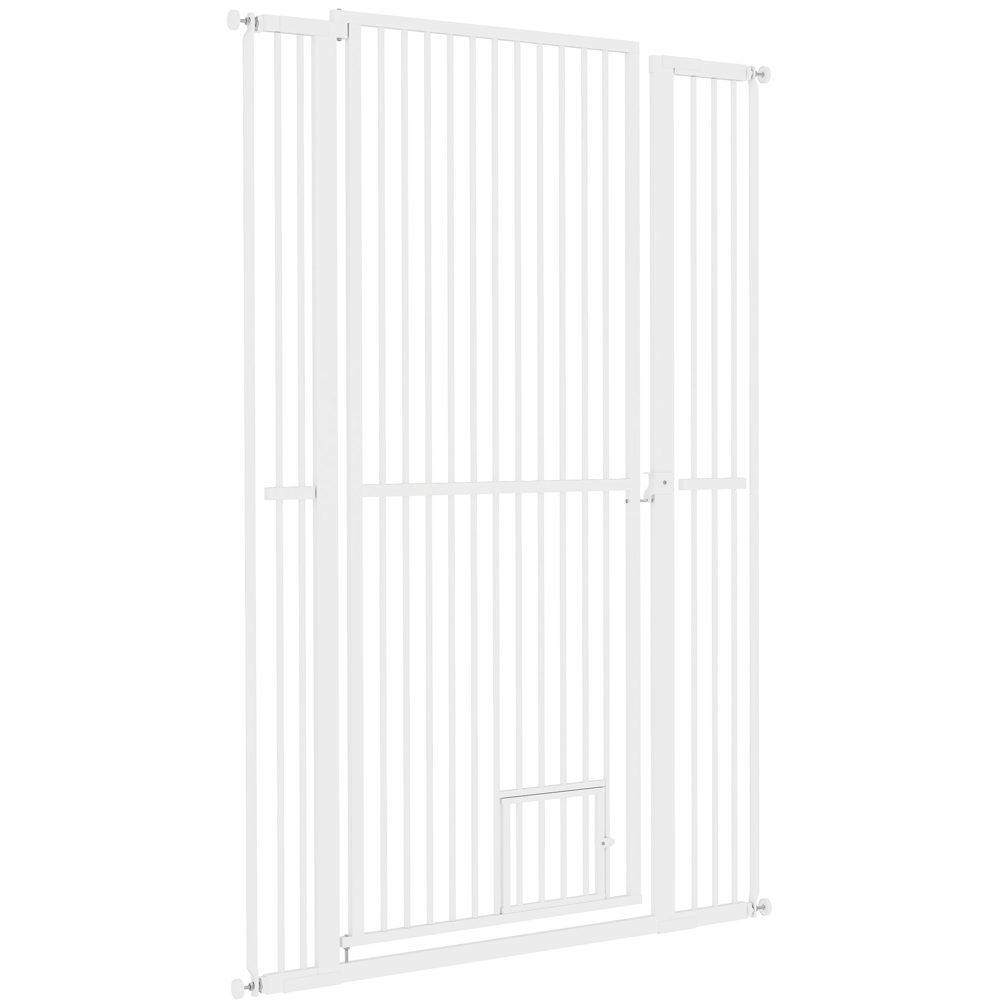 PawHut 59" Extra Tall Pet Gate for Cats, 30"-41" Cat Gate with Small Cat Door, 1.4" Narrow Gap, 2.8" and 5.5" Extension, Pressure Mounted No Drilling Dog Gate for Doorway, Hallway, Stairway, White