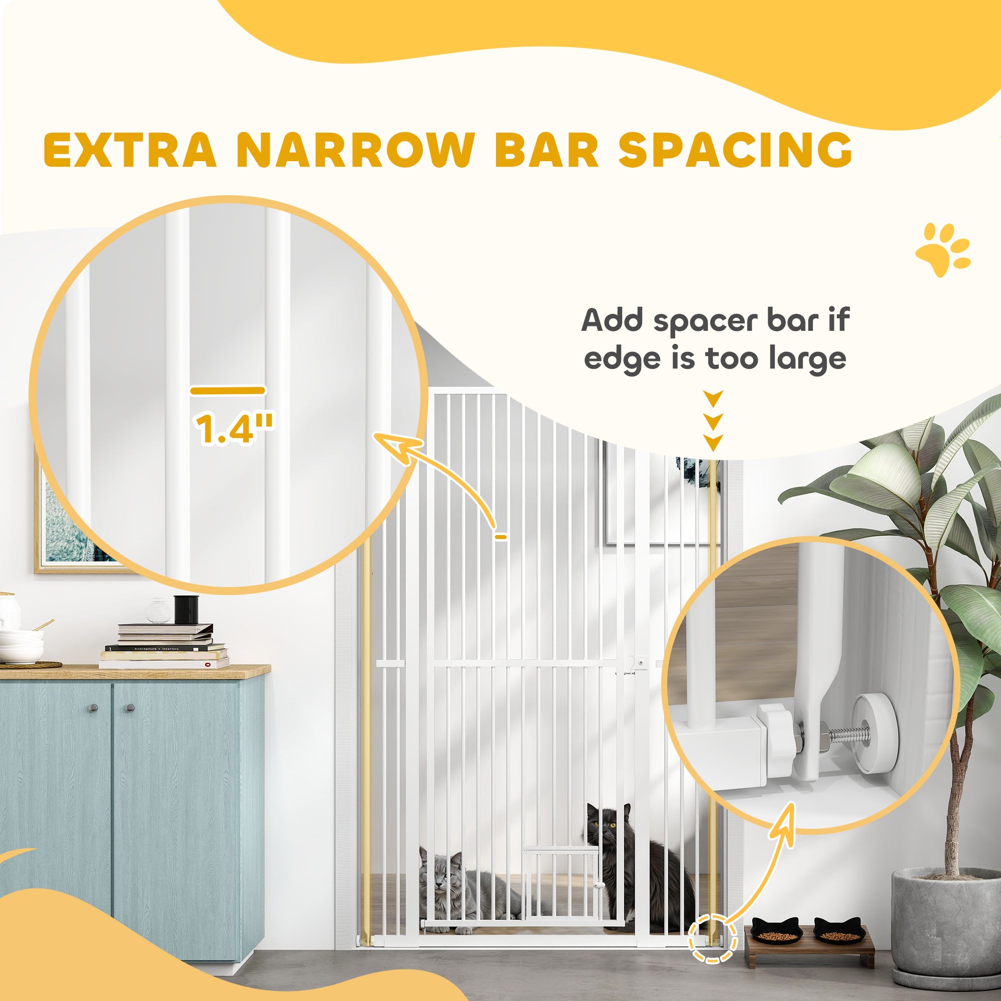 PawHut 59" Extra Tall Pet Gate for Cats, 30"-41" Cat Gate with Small Cat Door, 1.4" Narrow Gap, 2.8" and 5.5" Extension, Pressure Mounted No Drilling Dog Gate for Doorway, Hallway, Stairway, White