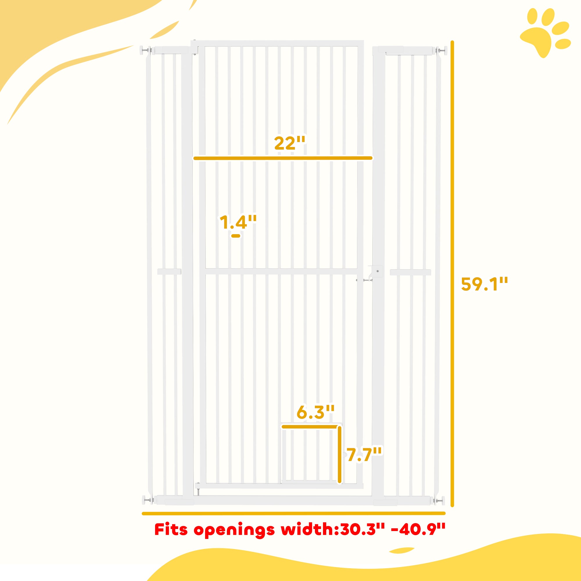PawHut 59" Extra Tall Pet Gate for Cats, 30"-41" Cat Gate with Small Cat Door, 1.4" Narrow Gap, 2.8" and 5.5" Extension, Pressure Mounted No Drilling Dog Gate for Doorway, Hallway, Stairway, White