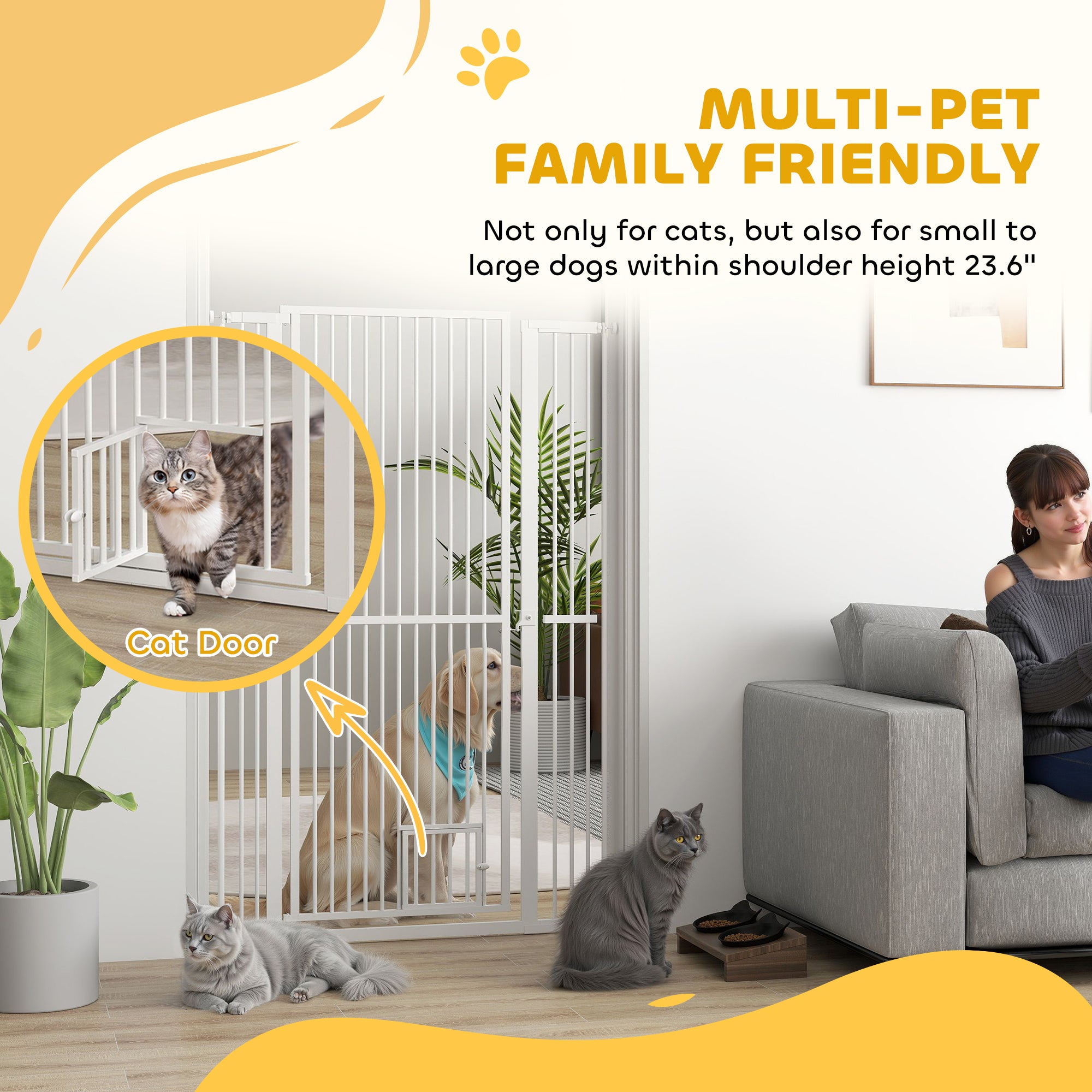 PawHut 59" Extra Tall Pet Gate for Cats, 30"-41" Cat Gate with Small Cat Door, 1.4" Narrow Gap, 2.8" and 5.5" Extension, Pressure Mounted No Drilling Dog Gate for Doorway, Hallway, Stairway, White
