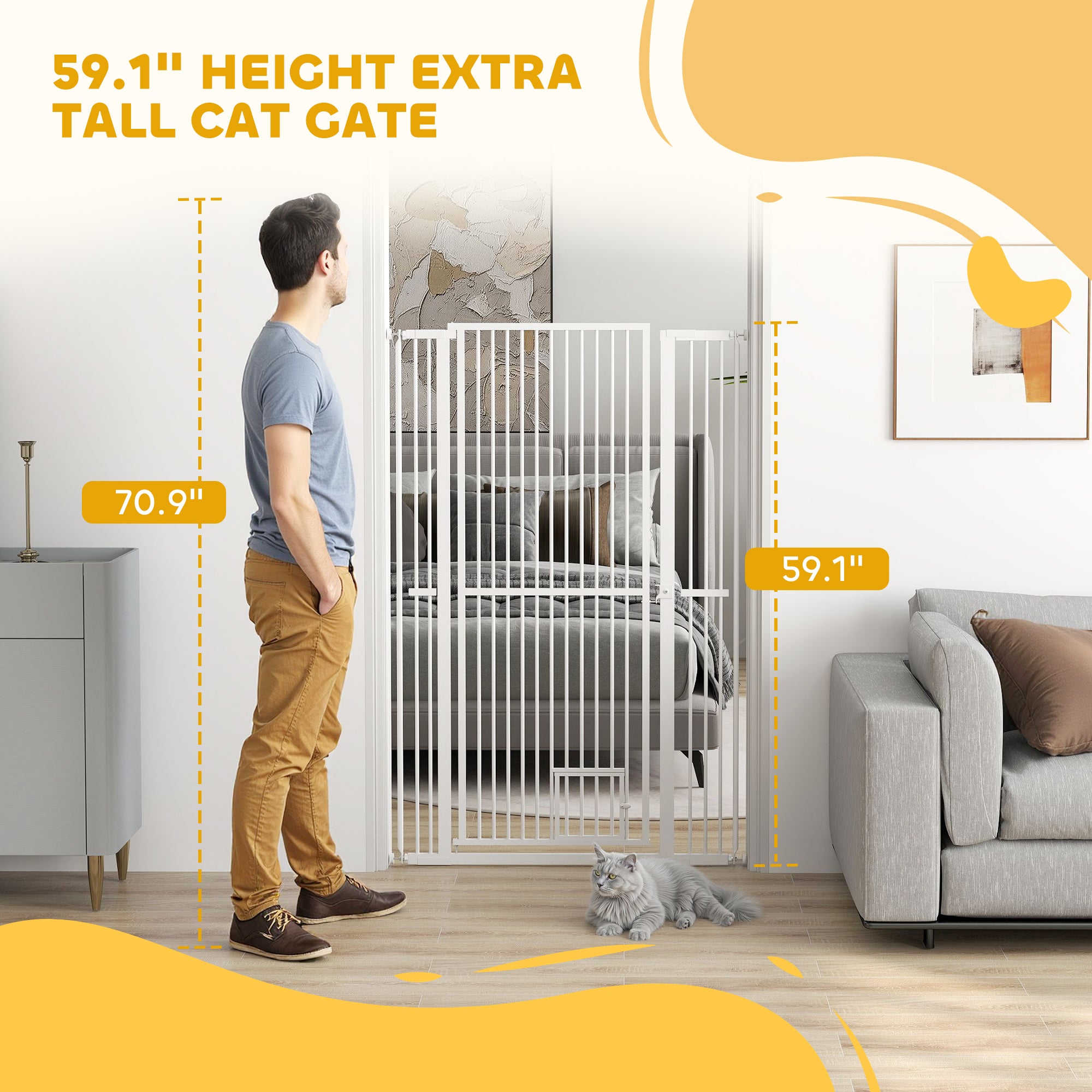 PawHut 59" Extra Tall Pet Gate for Cats, 30"-41" Cat Gate with Small Cat Door, 1.4" Narrow Gap, 2.8" and 5.5" Extension, Pressure Mounted No Drilling Dog Gate for Doorway, Hallway, Stairway, White