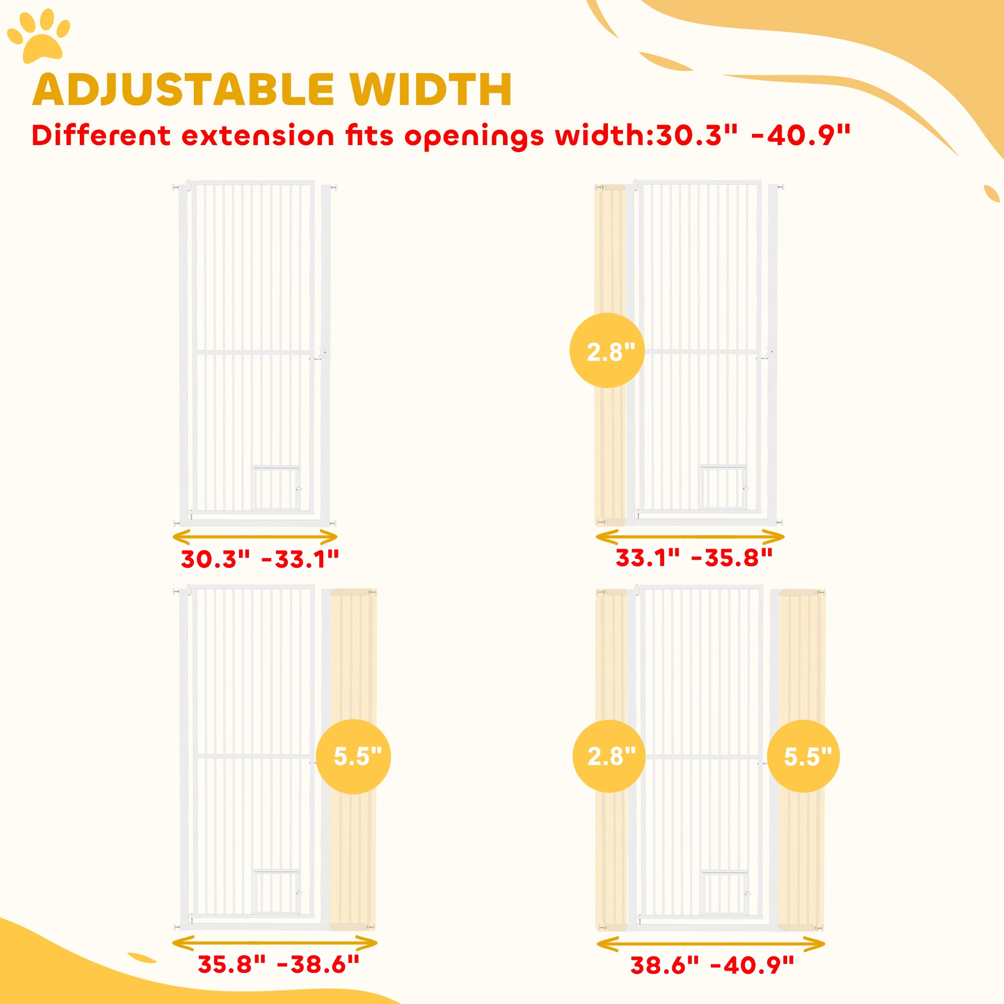 PawHut 59" Extra Tall Pet Gate for Cats, 30"-41" Cat Gate with Small Cat Door, 1.4" Narrow Gap, 2.8" and 5.5" Extension, Pressure Mounted No Drilling Dog Gate for Doorway, Hallway, Stairway, White