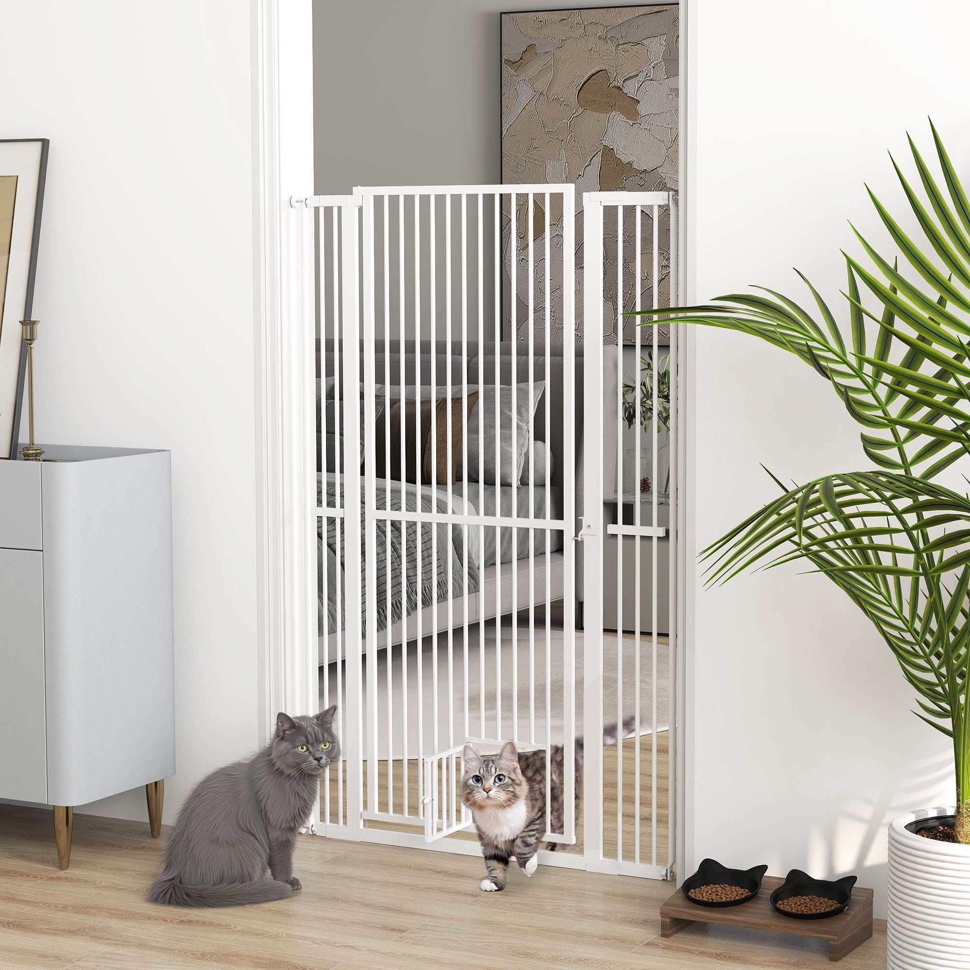 PawHut 59" Extra Tall Pet Gate for Cats, 30"-41" Cat Gate with Small Cat Door, 1.4" Narrow Gap, 2.8" and 5.5" Extension, Pressure Mounted No Drilling Dog Gate for Doorway, Hallway, Stairway, White