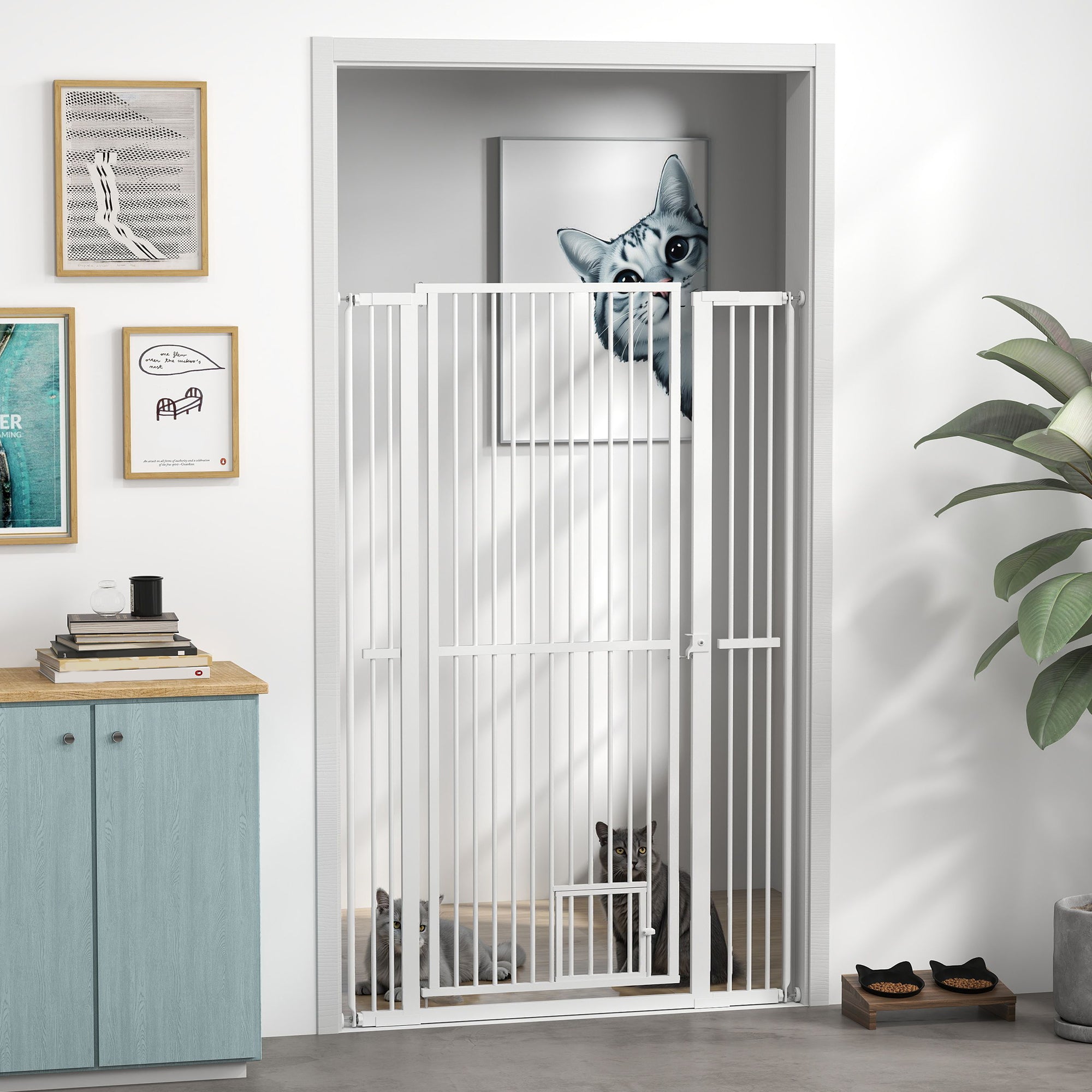 PawHut 59" Extra Tall Pet Gate for Cats, 30"-41" Cat Gate with Small Cat Door, 1.4" Narrow Gap, 2.8" and 5.5" Extension, Pressure Mounted No Drilling Dog Gate for Doorway, Hallway, Stairway, White