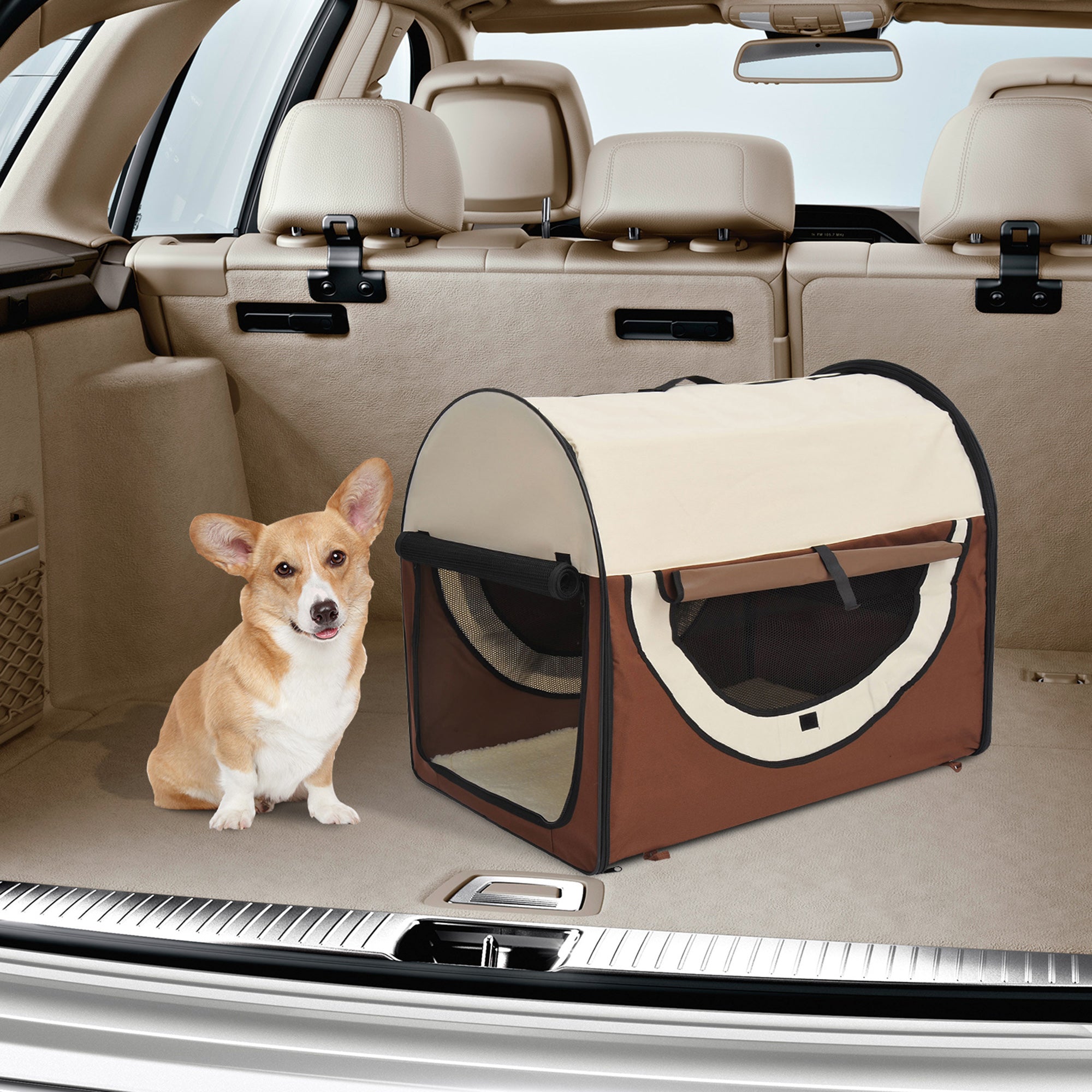 PawHut Foldable Pet Carrier for Miniature Dogs, Portable Cat Carrier Bag Soft Side Fabric Dog Crate with Removable Mat, Breathable Mesh, Ground Stakes, 46L x 36W x 41H cm - Brown