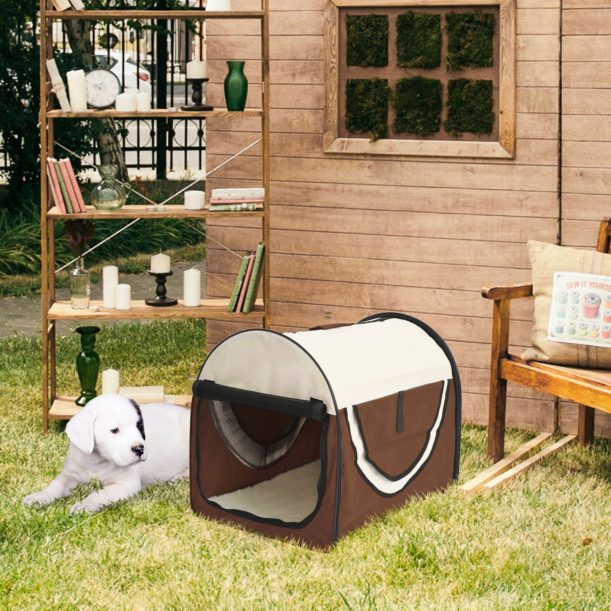 PawHut Foldable Pet Carrier for Miniature Dogs, Portable Cat Carrier Bag Soft Side Fabric Dog Crate with Removable Mat, Breathable Mesh, Ground Stakes, 46L x 36W x 41H cm - Brown
