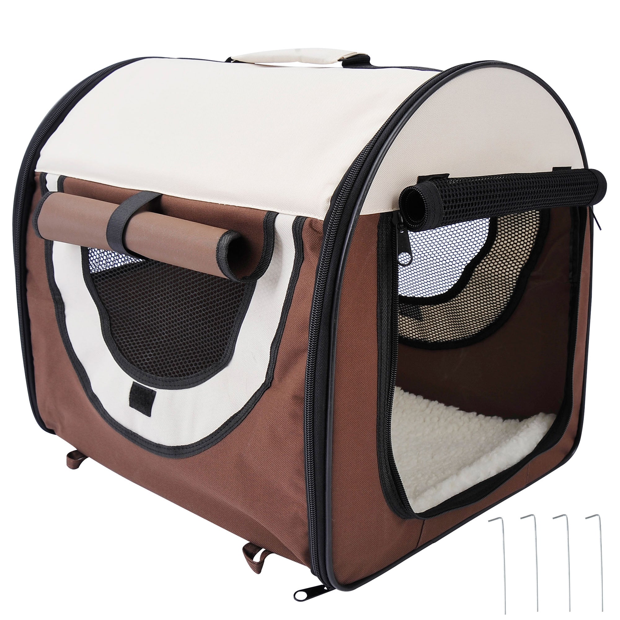 PawHut Foldable Pet Carrier for Miniature Dogs, Portable Cat Carrier Bag Soft Side Fabric Dog Crate with Removable Mat, Breathable Mesh, Ground Stakes, 46L x 36W x 41H cm - Brown