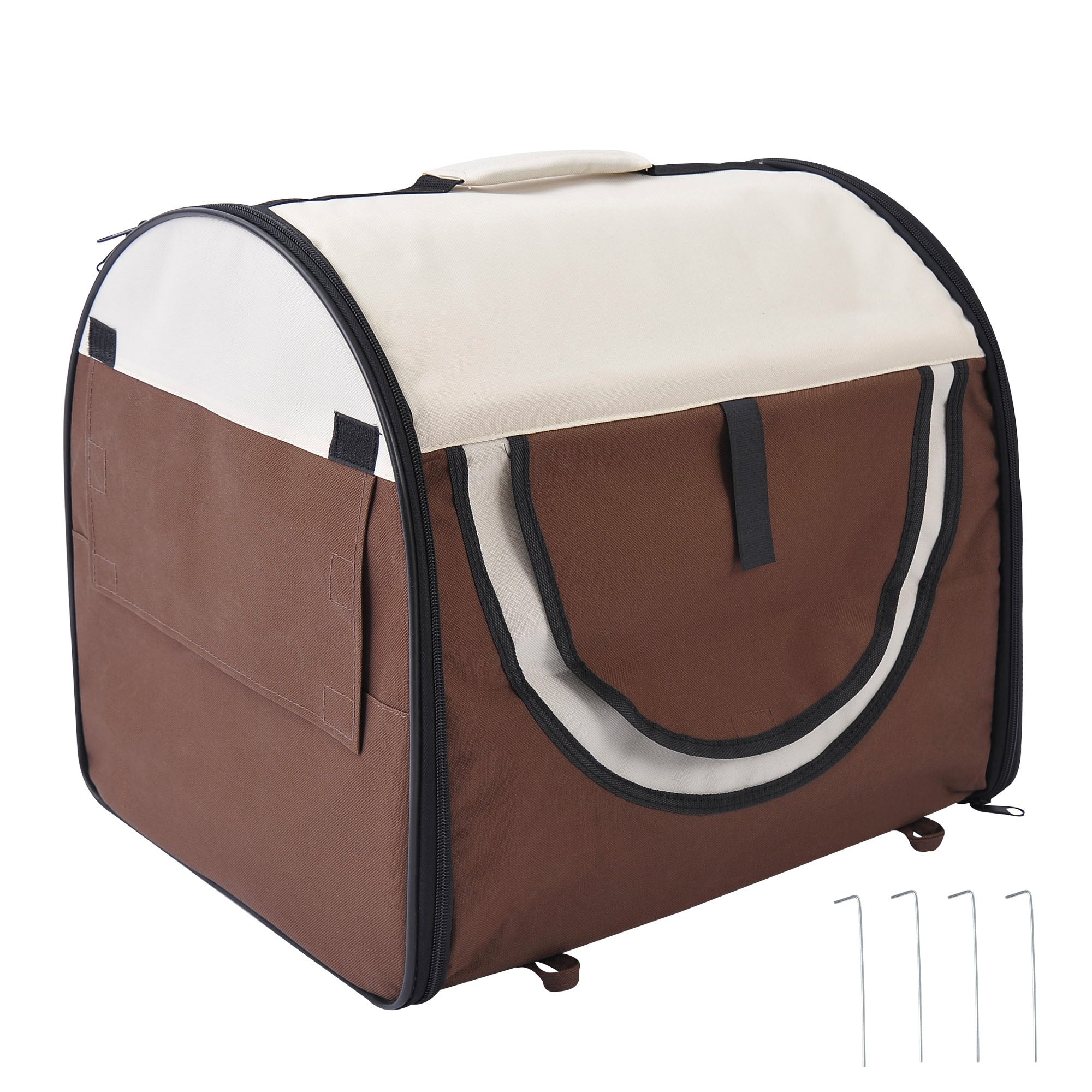 PawHut Foldable Pet Carrier for Miniature Dogs, Portable Cat Carrier Bag Soft Side Fabric Dog Crate with Removable Mat, Breathable Mesh, Ground Stakes, 46L x 36W x 41H cm - Brown