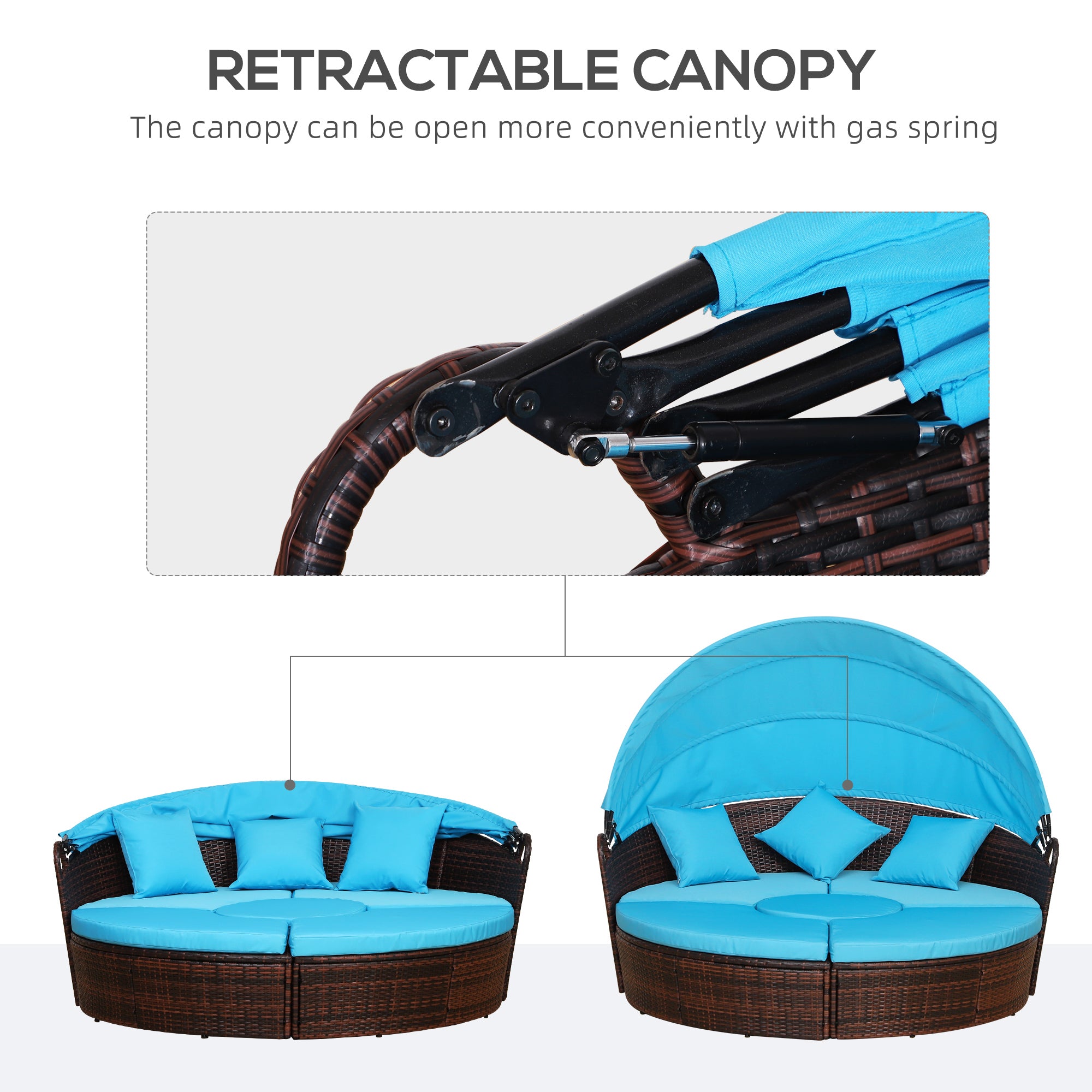 Outsunny 4 Pieces Outdoor Daybed with Retractable Canopy, PE Rattan Wicker Round Sofa Day Bed, Patio Sectional  Conversation Furniture Set with Cushions and Pillows, Light Blue