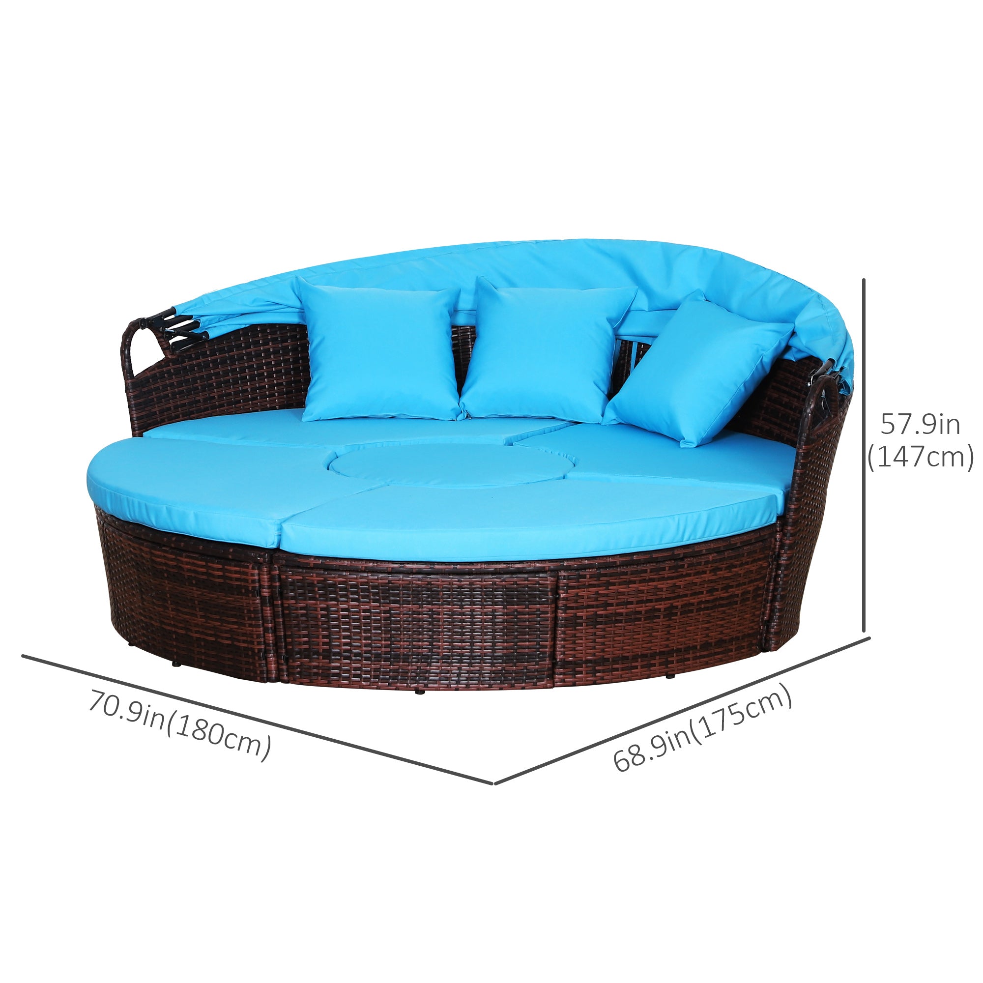 Outsunny 4 Pieces Outdoor Daybed with Retractable Canopy, PE Rattan Wicker Round Sofa Day Bed, Patio Sectional  Conversation Furniture Set with Cushions and Pillows, Light Blue