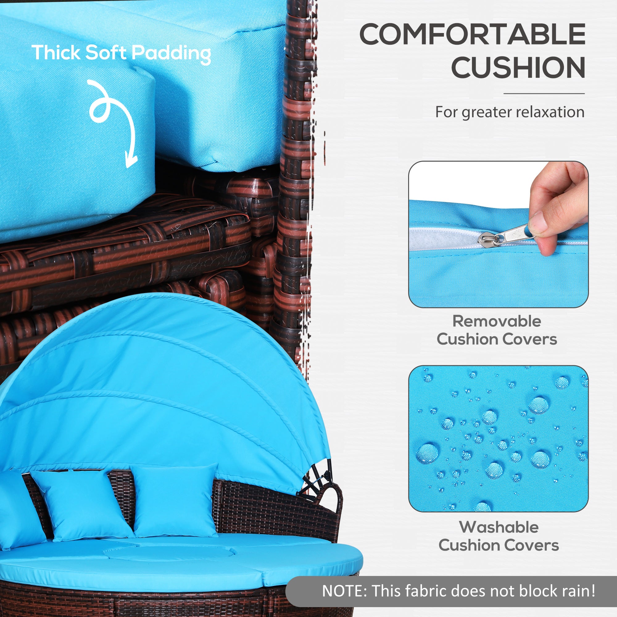 Outsunny 4 Pieces Outdoor Daybed with Retractable Canopy, PE Rattan Wicker Round Sofa Day Bed, Patio Sectional  Conversation Furniture Set with Cushions and Pillows, Light Blue
