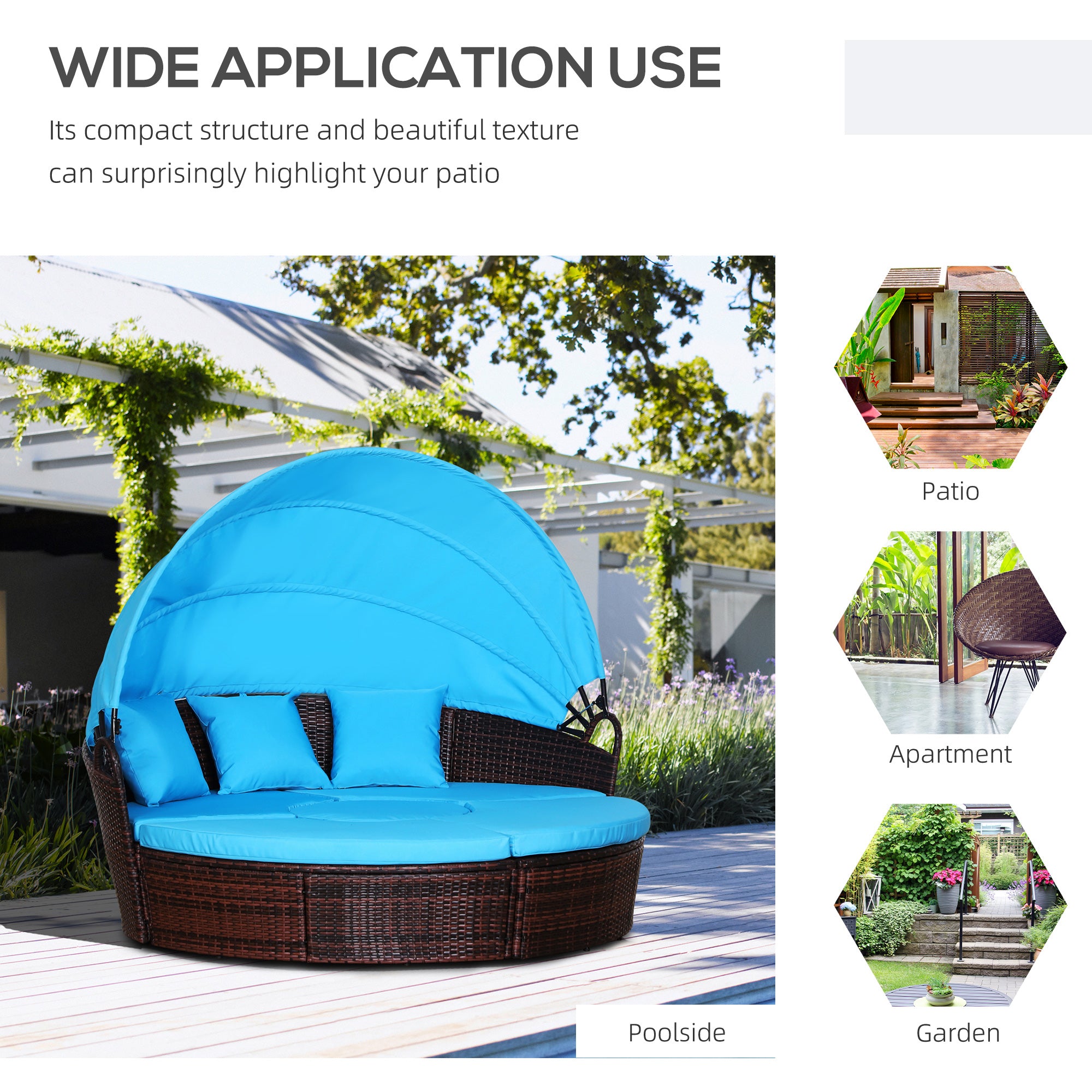 Outsunny 4 Pieces Outdoor Daybed with Retractable Canopy, PE Rattan Wicker Round Sofa Day Bed, Patio Sectional  Conversation Furniture Set with Cushions and Pillows, Light Blue