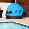 Outsunny 4 Pieces Outdoor Daybed with Retractable Canopy, PE Rattan Wicker Round Sofa Day Bed, Patio Sectional  Conversation Furniture Set with Cushions and Pillows, Light Blue