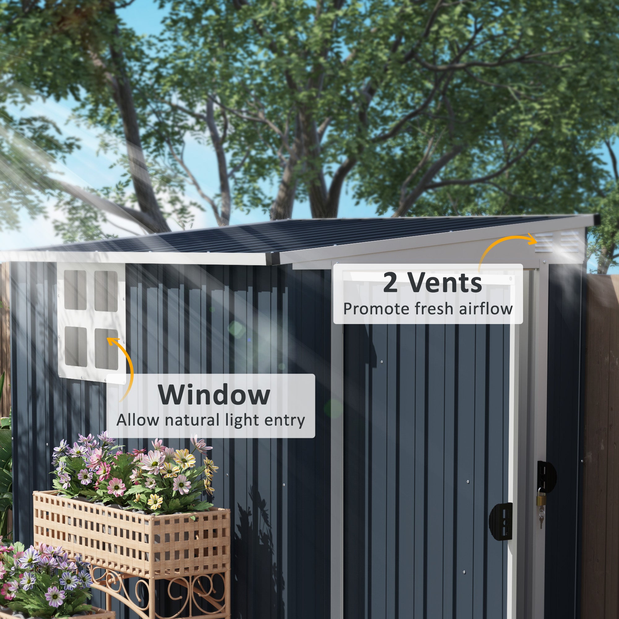 Outsunny 4' x 6' Outdoor Storage Shed, Metal Garden Shed with Window, 2 Vents and Lockable Door for Backyard, Garden, Lawn, Dark Grey