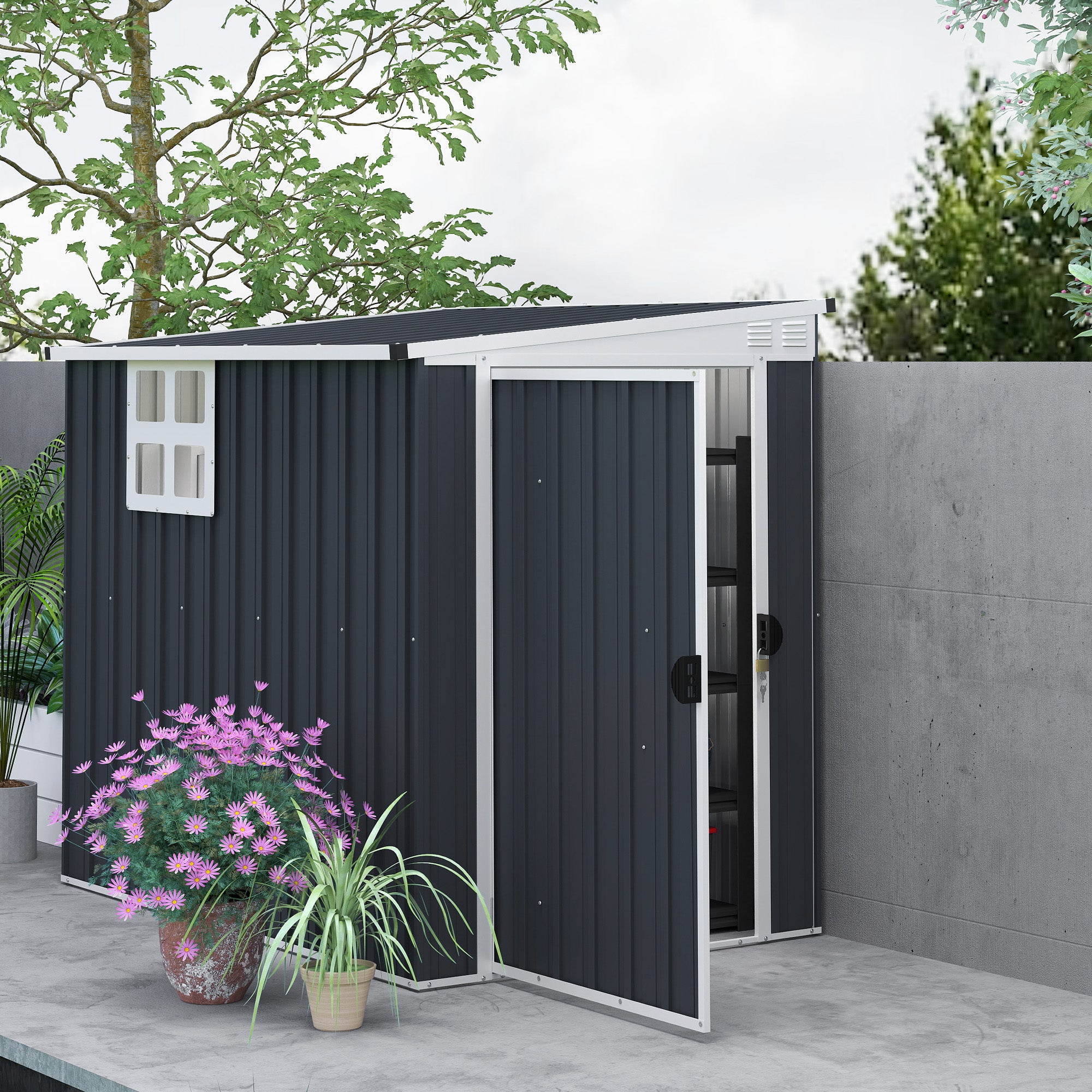 Outsunny 4' x 6' Outdoor Storage Shed, Metal Garden Shed with Window, 2 Vents and Lockable Door for Backyard, Garden, Lawn, Dark Grey