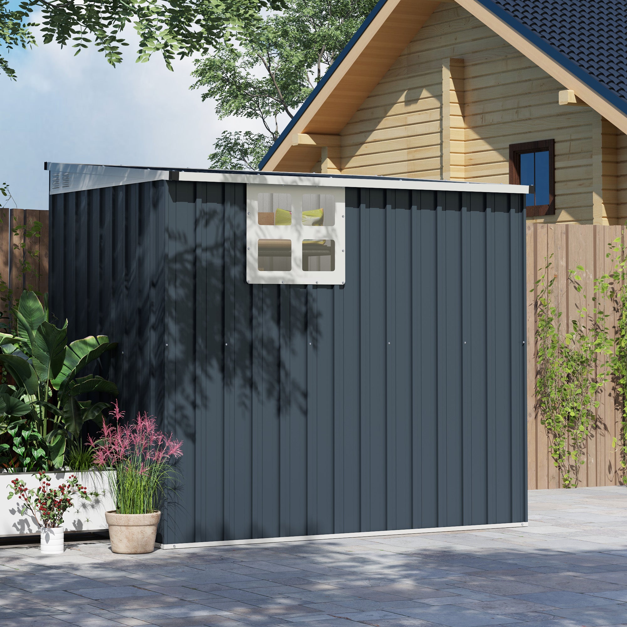 Outsunny 4' x 6' Outdoor Storage Shed, Metal Garden Shed with Window, 2 Vents and Lockable Door for Backyard, Garden, Lawn, Dark Grey