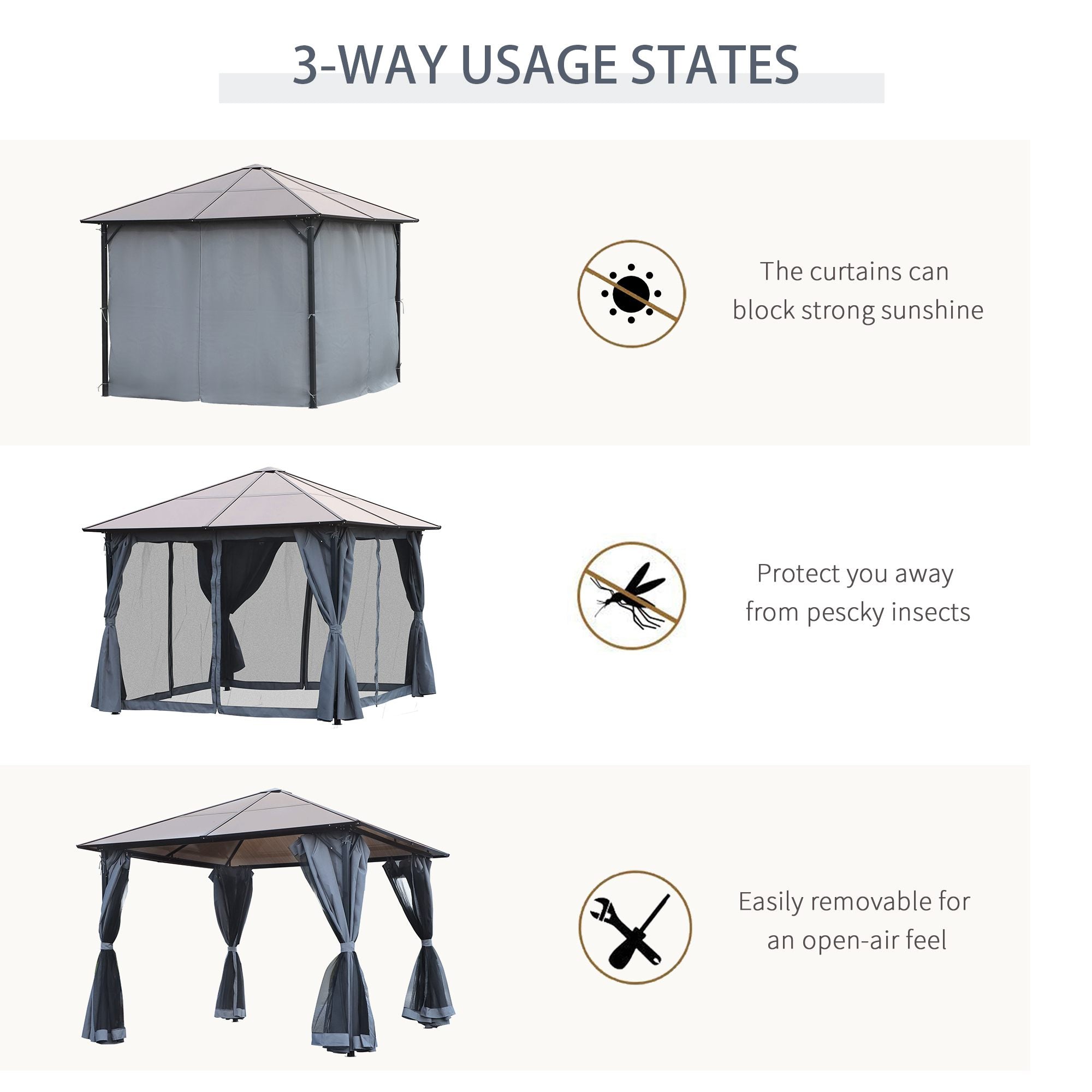 Outsunny 9.8' x 9.8' Patio Gazebo Aluminum Framed Polycarbonate Roof Hardtop Garden Canopy Party Tent Marquee Outdoor Shelter with Mesh Curtains & Side Walls - Grey