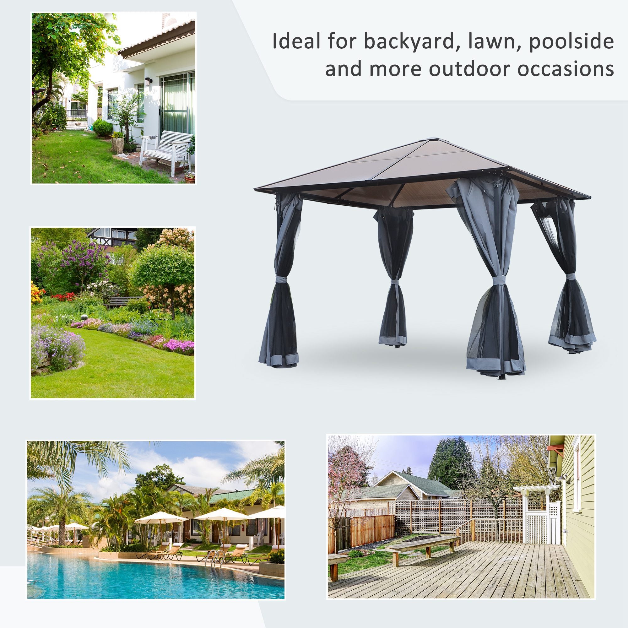 Outsunny 9.8' x 9.8' Patio Gazebo Aluminum Framed Polycarbonate Roof Hardtop Garden Canopy Party Tent Marquee Outdoor Shelter with Mesh Curtains & Side Walls - Grey