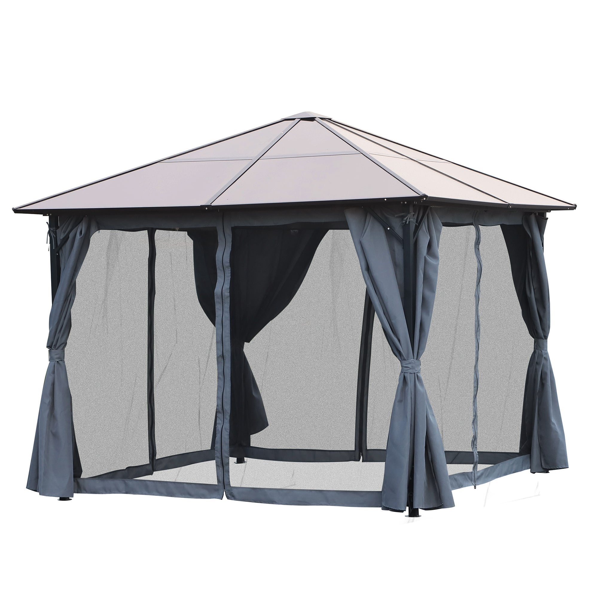 Outsunny 9.8' x 9.8' Patio Gazebo Aluminum Framed Polycarbonate Roof Hardtop Garden Canopy Party Tent Marquee Outdoor Shelter with Mesh Curtains & Side Walls - Grey